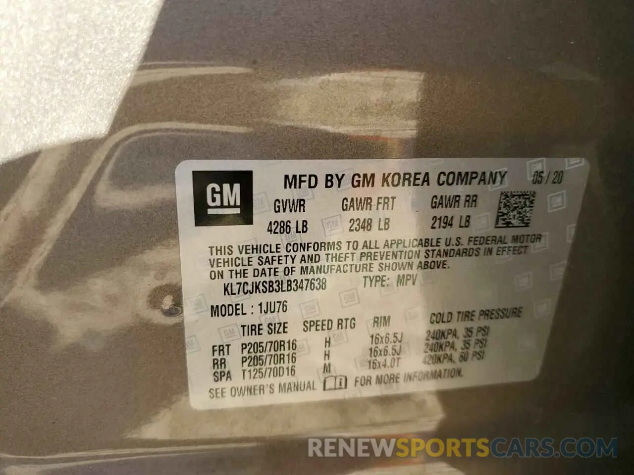 13 Photograph of a damaged car KL7CJKSB3LB347638 CHEVROLET TRAX 2020