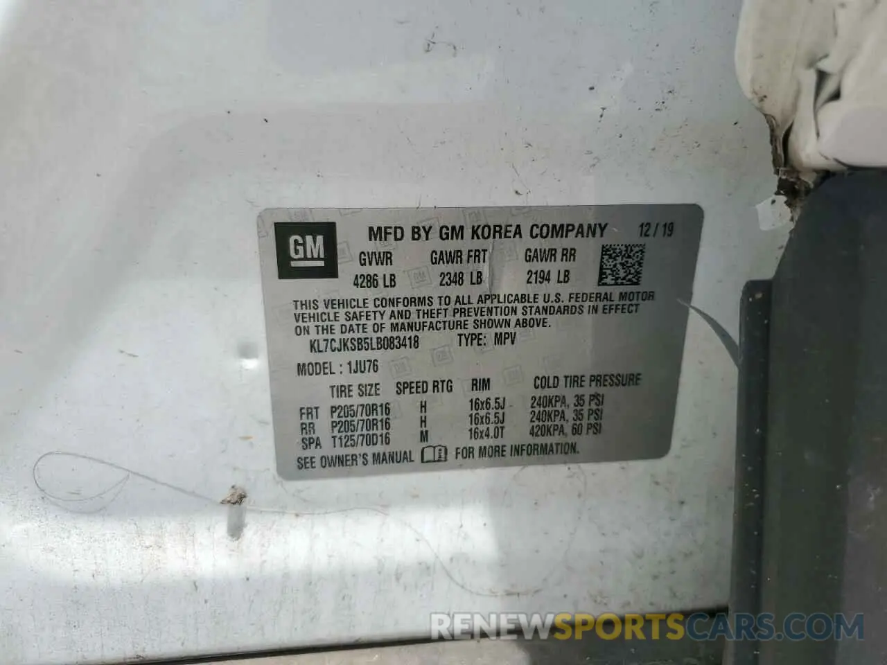 12 Photograph of a damaged car KL7CJKSB5LB083418 CHEVROLET TRAX 2020