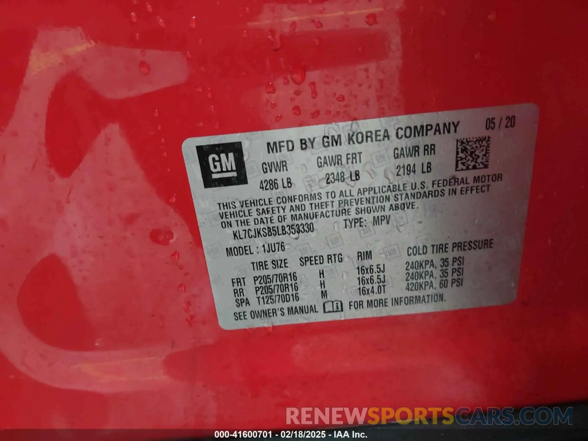 9 Photograph of a damaged car KL7CJKSB5LB353330 CHEVROLET TRAX 2020