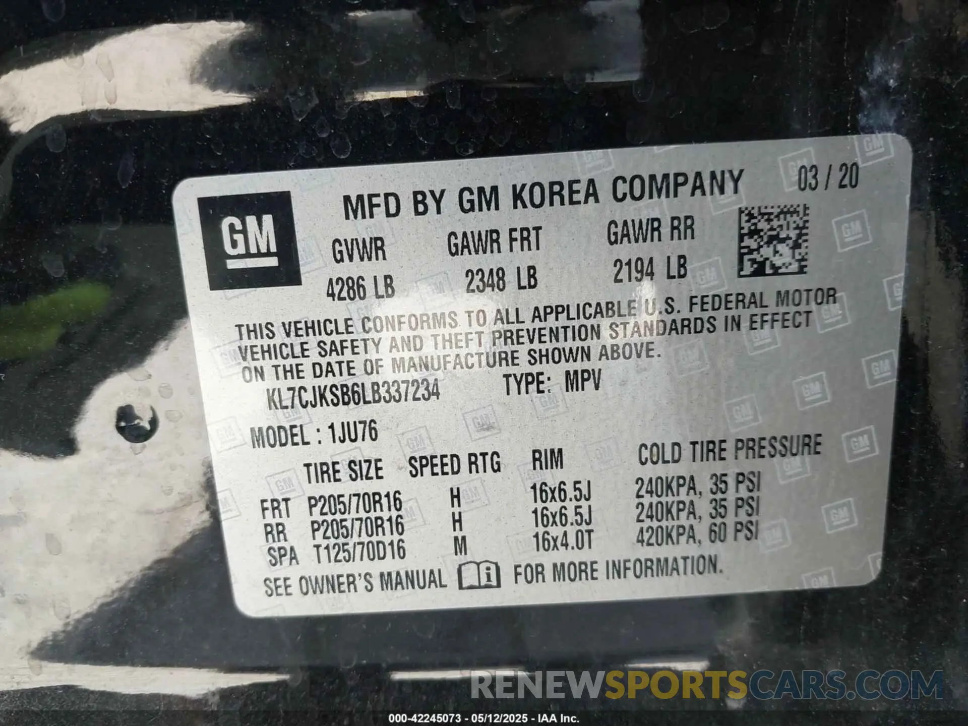 9 Photograph of a damaged car KL7CJKSB6LB337234 CHEVROLET TRAX 2020