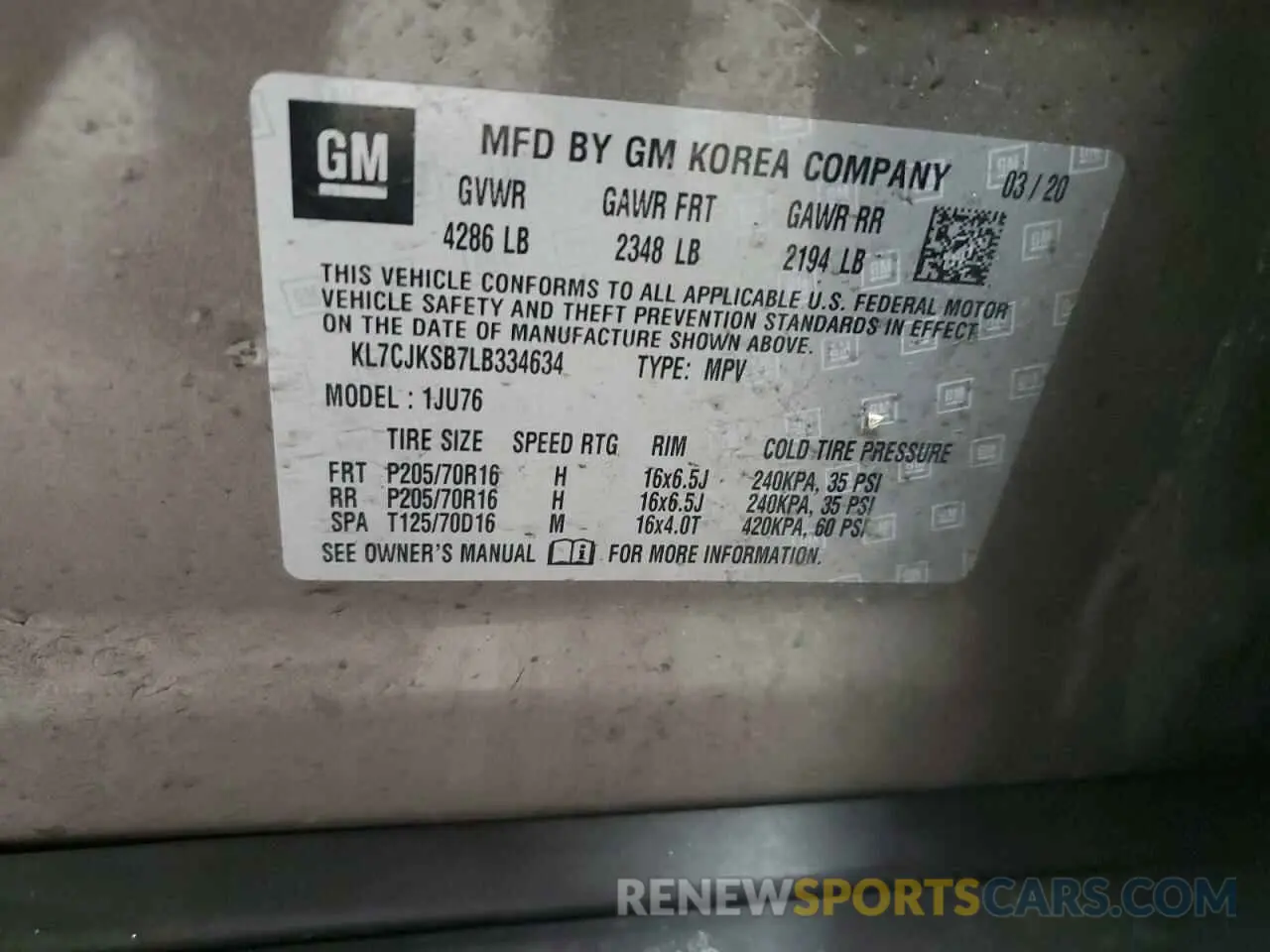 14 Photograph of a damaged car KL7CJKSB7LB334634 CHEVROLET TRAX 2020