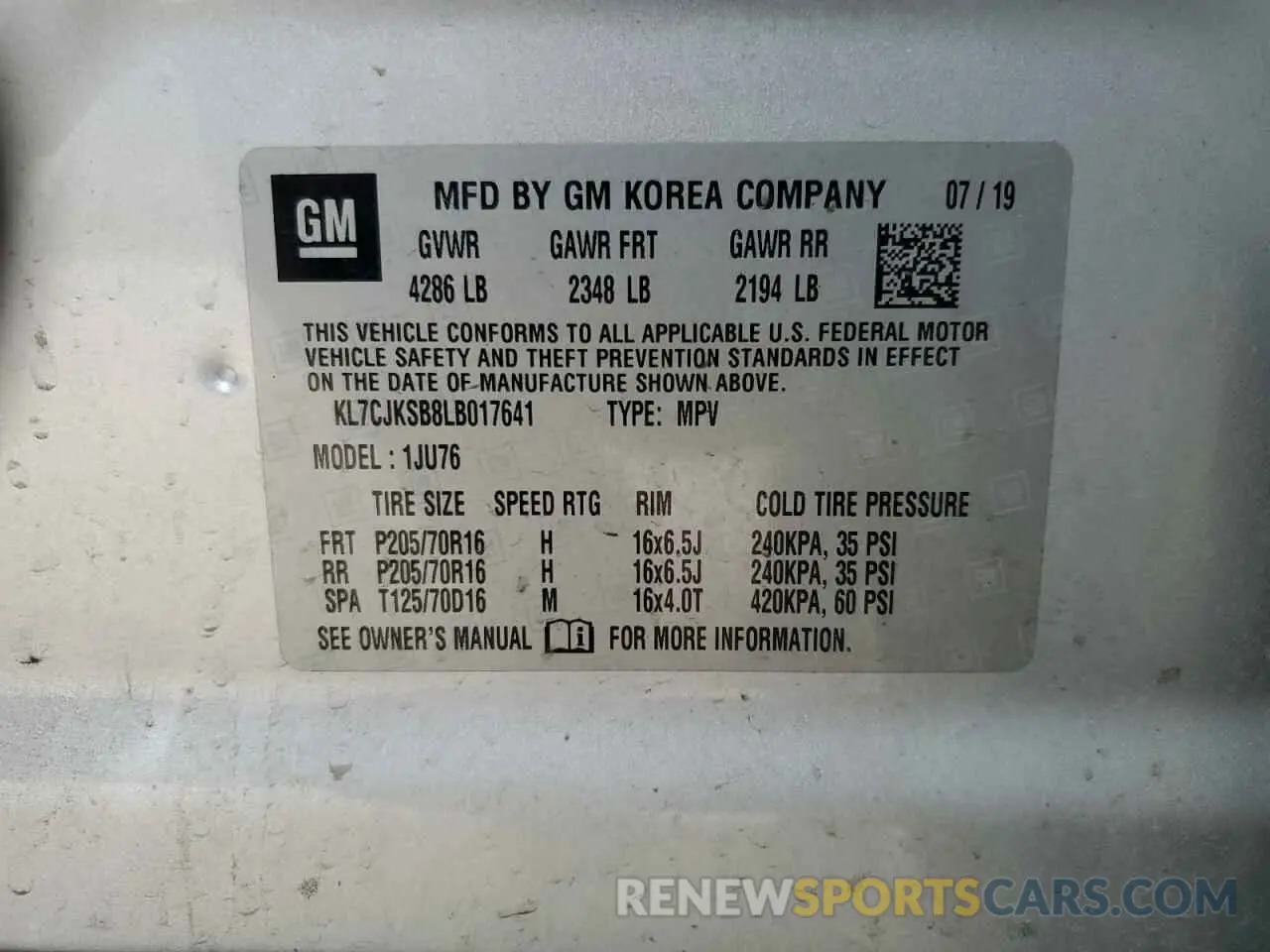 14 Photograph of a damaged car KL7CJKSB8LB017641 CHEVROLET TRAX 2020