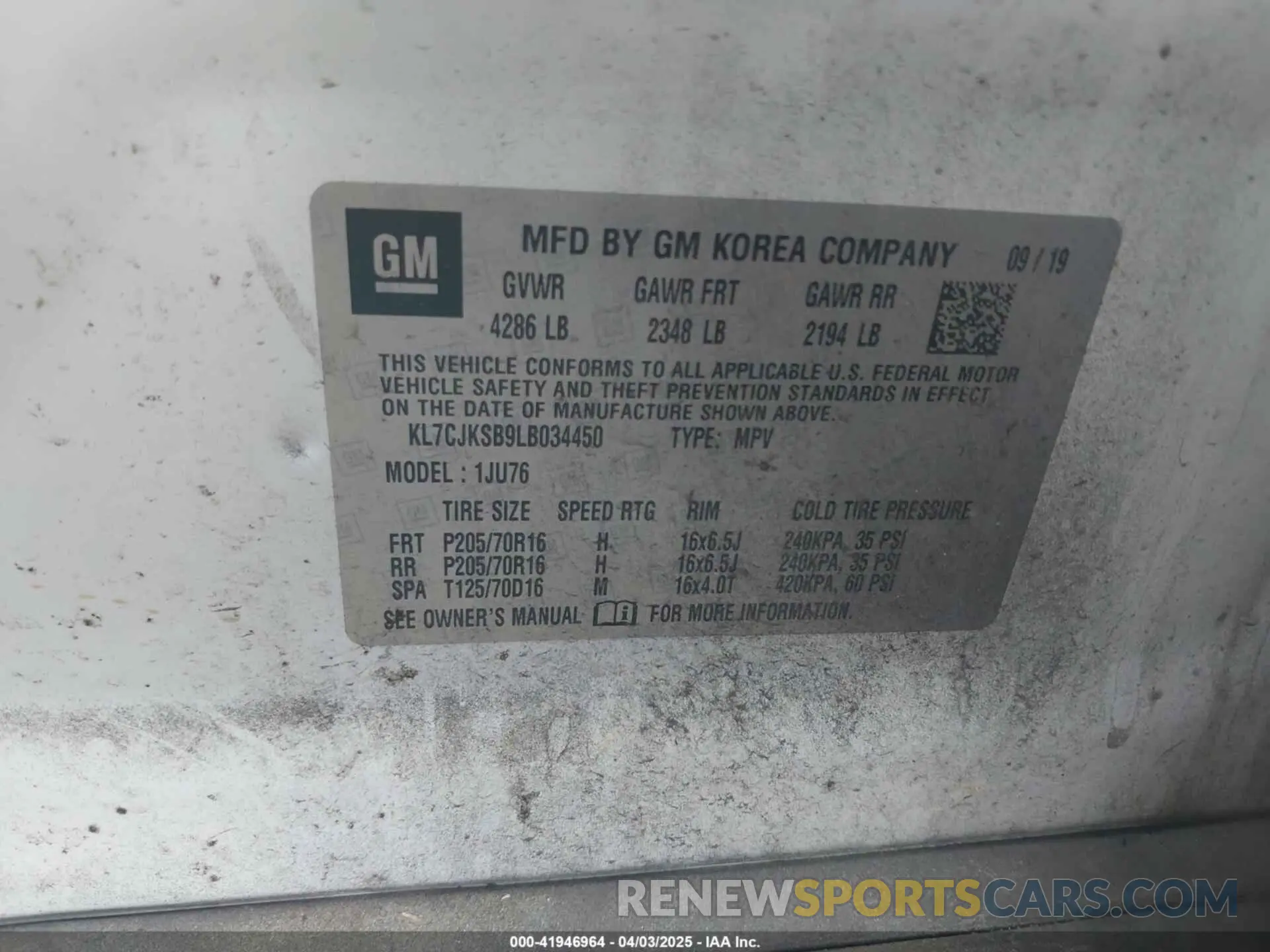 9 Photograph of a damaged car KL7CJKSB9LB034450 CHEVROLET TRAX 2020
