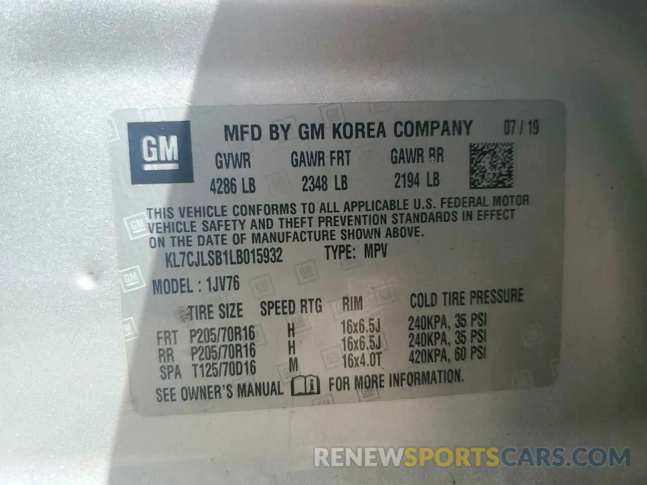 13 Photograph of a damaged car KL7CJLSB1LB015932 CHEVROLET TRAX 2020