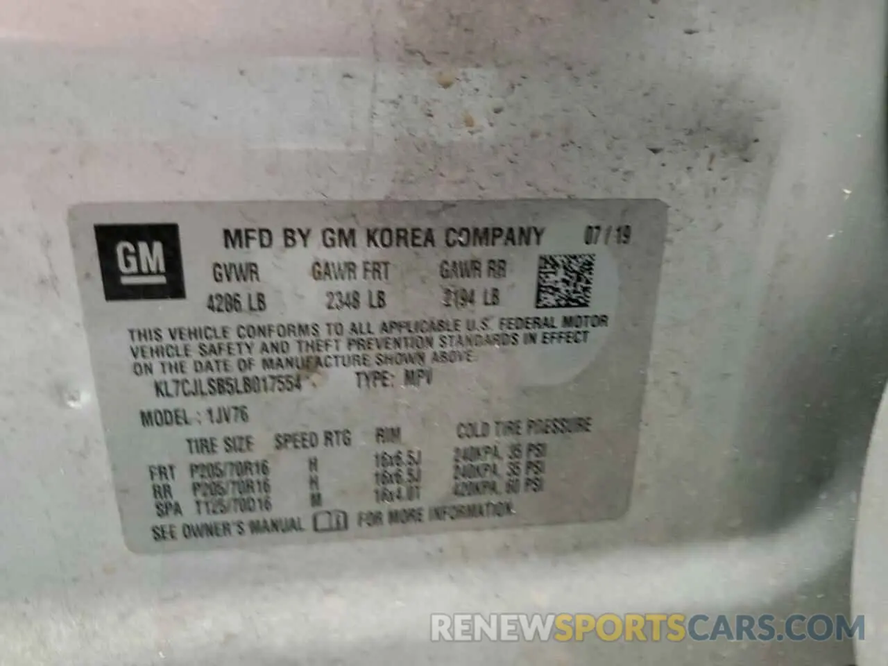 13 Photograph of a damaged car KL7CJLSB5LB017554 CHEVROLET TRAX 2020