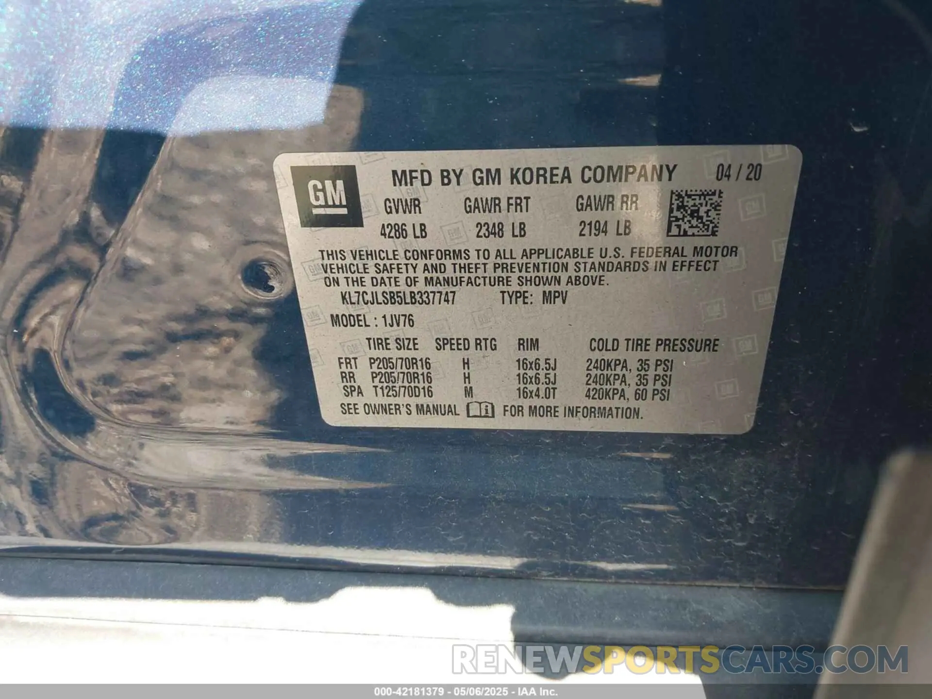 9 Photograph of a damaged car KL7CJLSB5LB337747 CHEVROLET TRAX 2020