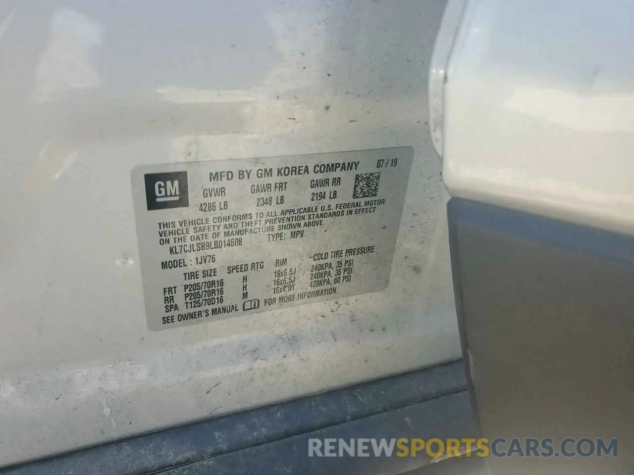 16 Photograph of a damaged car KL7CJLSB9LB014608 CHEVROLET TRAX 2020