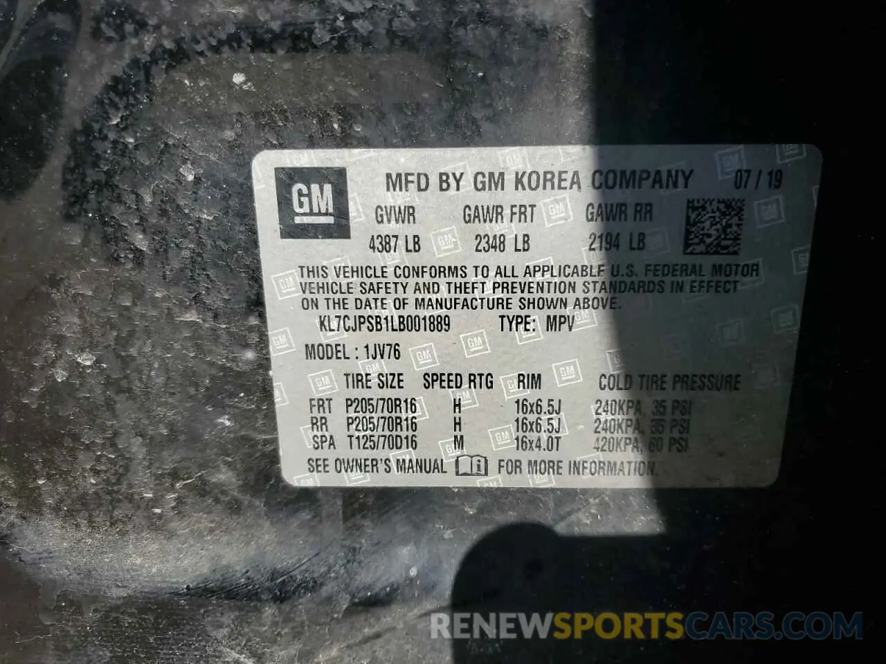 14 Photograph of a damaged car KL7CJPSB1LB001889 CHEVROLET TRAX 2020