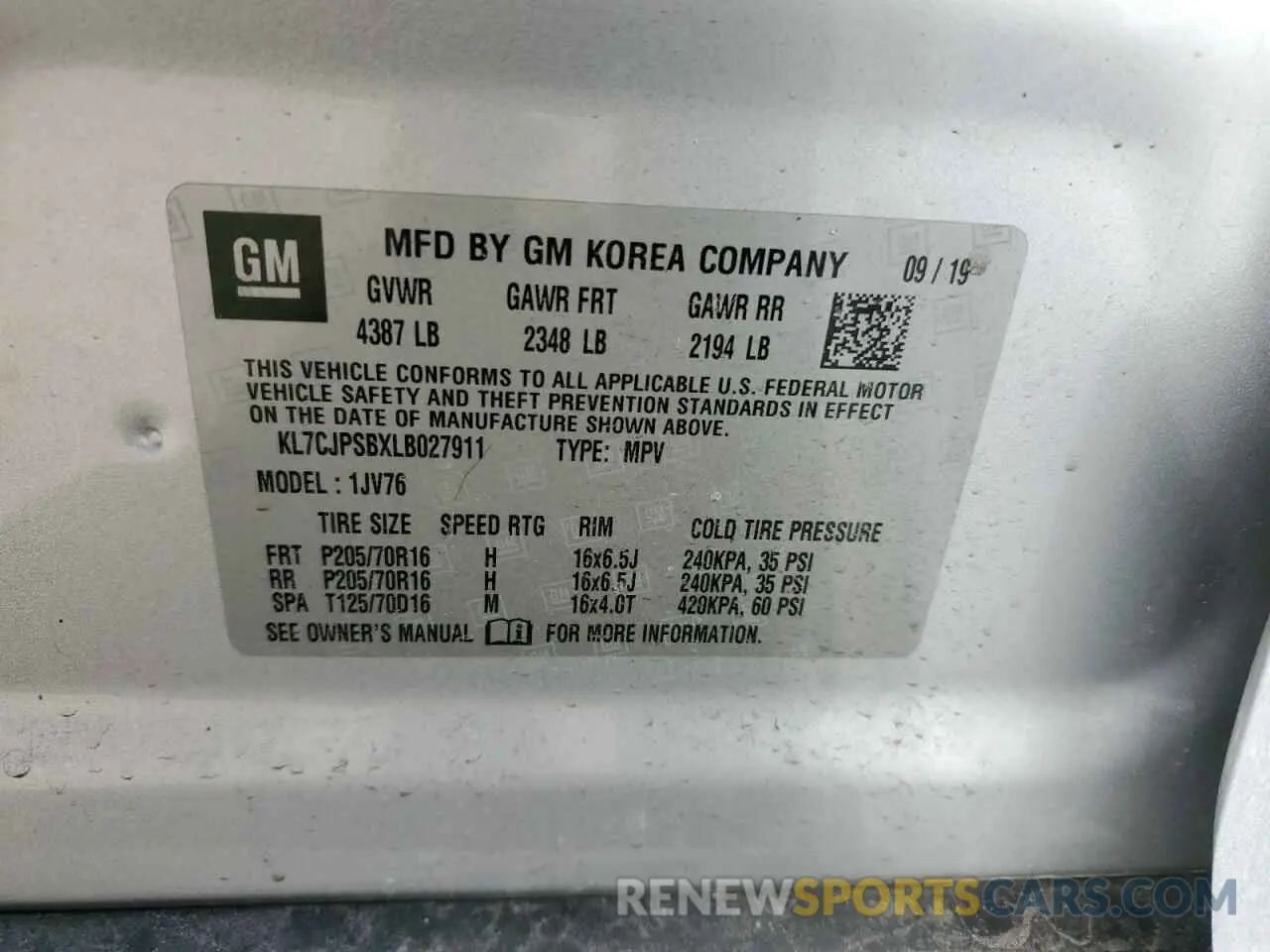 15 Photograph of a damaged car KL7CJPSBXLB027911 CHEVROLET TRAX 2020