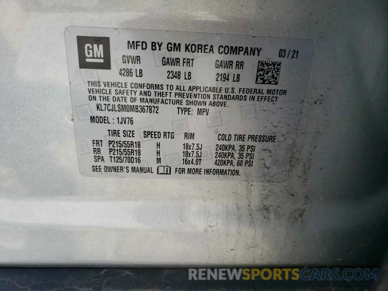 14 Photograph of a damaged car KL7CJLSM0MB367872 CHEVROLET TRAX 2021
