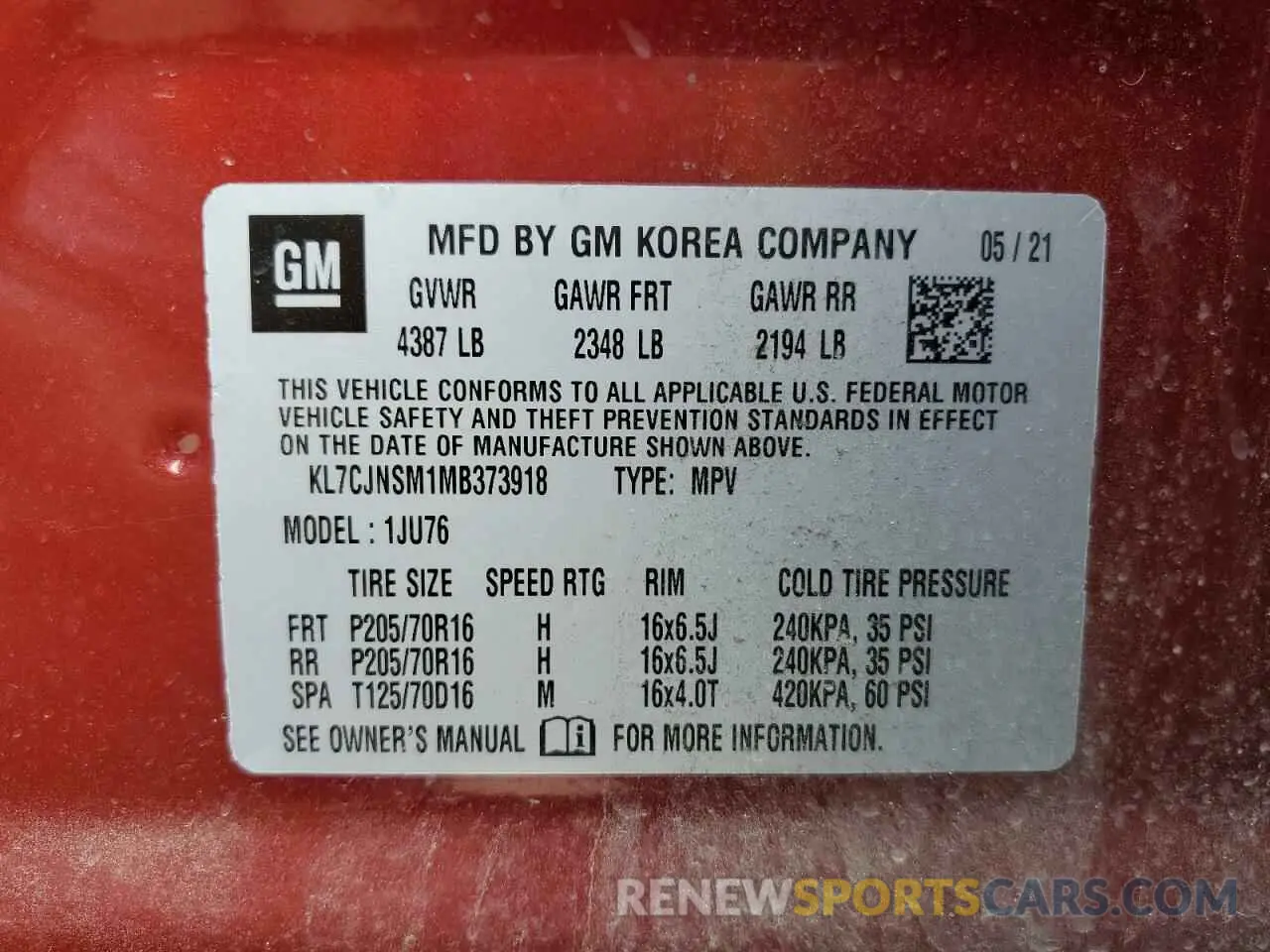 12 Photograph of a damaged car KL7CJNSM1MB373918 CHEVROLET TRAX 2021