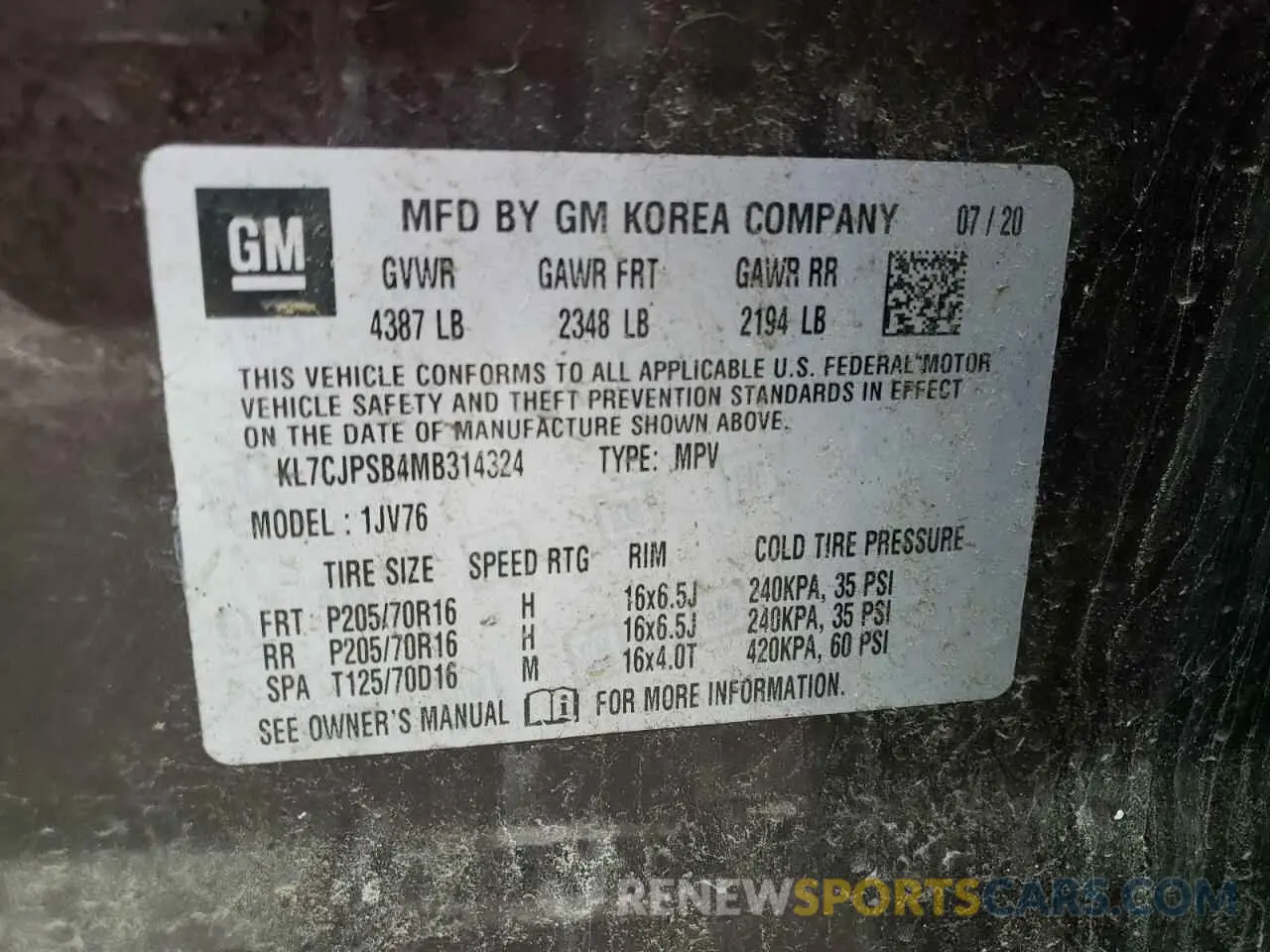 16 Photograph of a damaged car KL7CJPSB4MB314324 CHEVROLET TRAX 2021