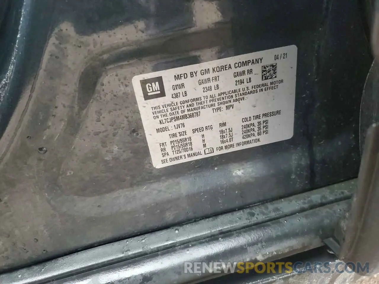13 Photograph of a damaged car KL7CJPSM4MB368787 CHEVROLET TRAX 2021
