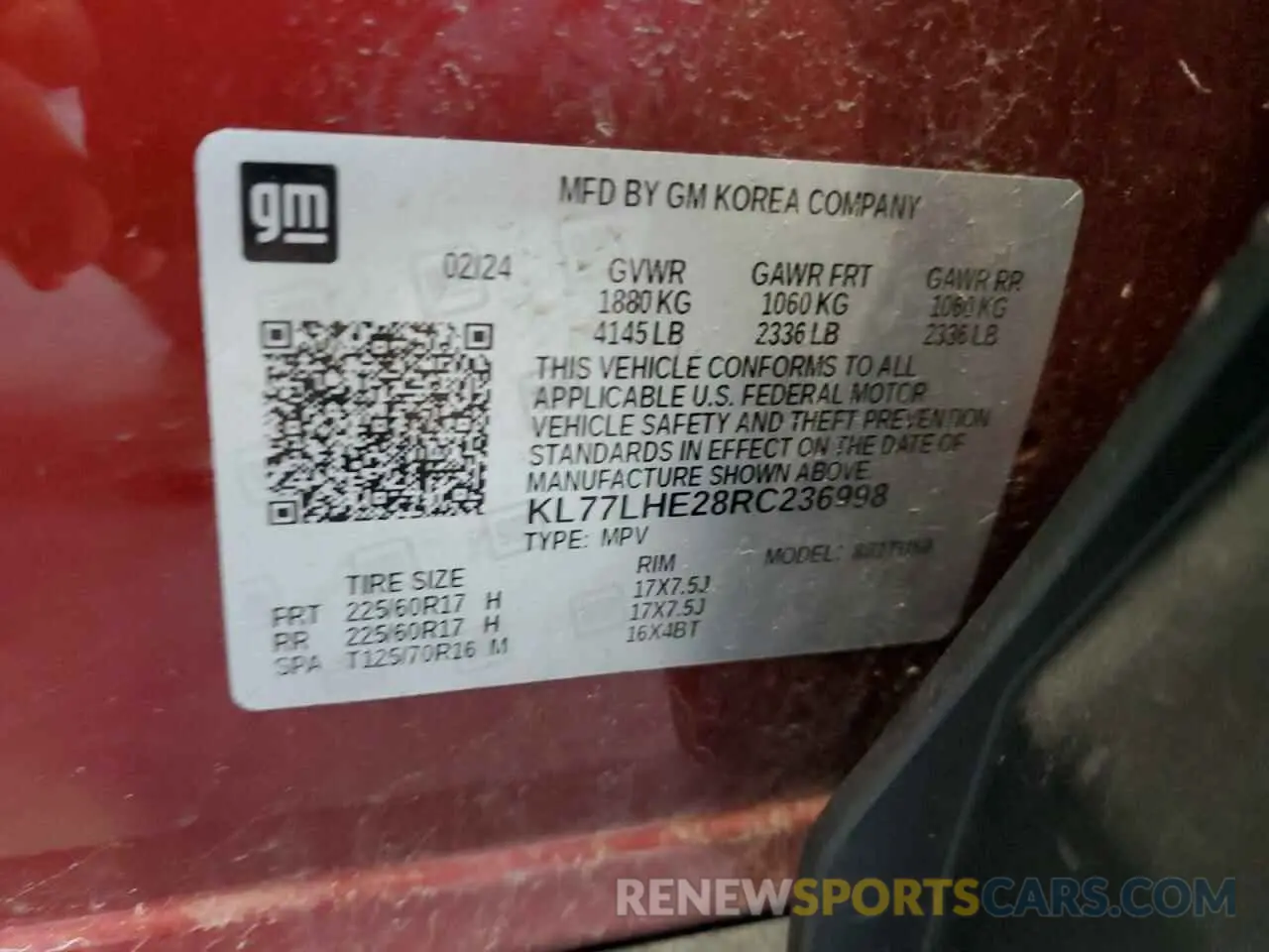 13 Photograph of a damaged car KL77LHE28RC236998 CHEVROLET TRAX 2024