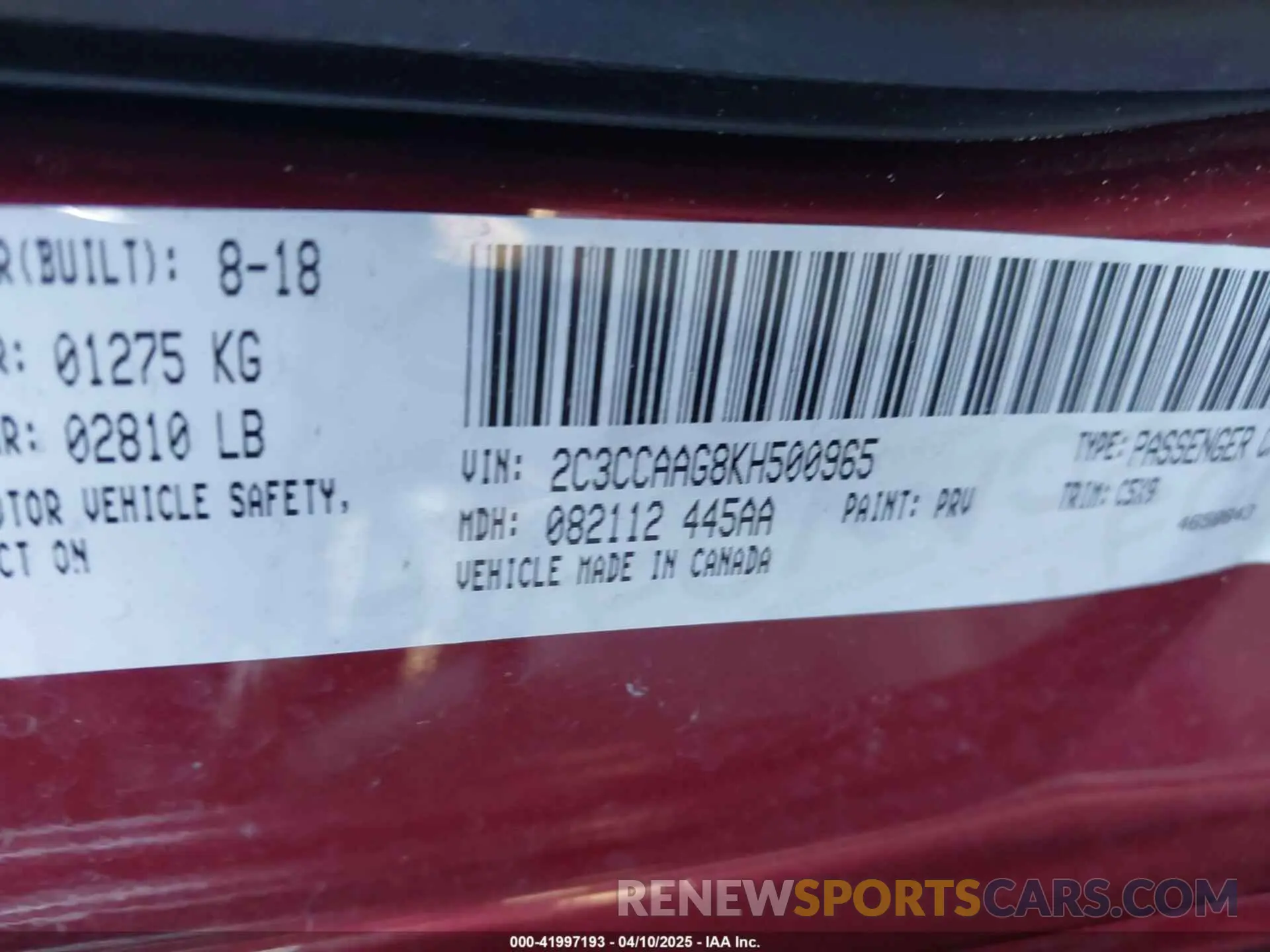9 Photograph of a damaged car 2C3CCAAG8KH500965 CHRYSLER 300 2019