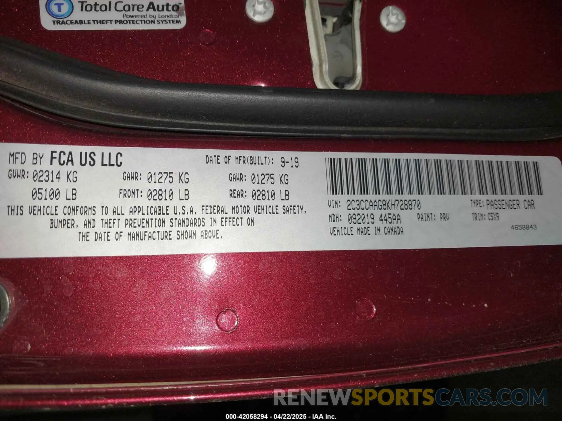 9 Photograph of a damaged car 2C3CCAAG8KH728870 CHRYSLER 300 2019