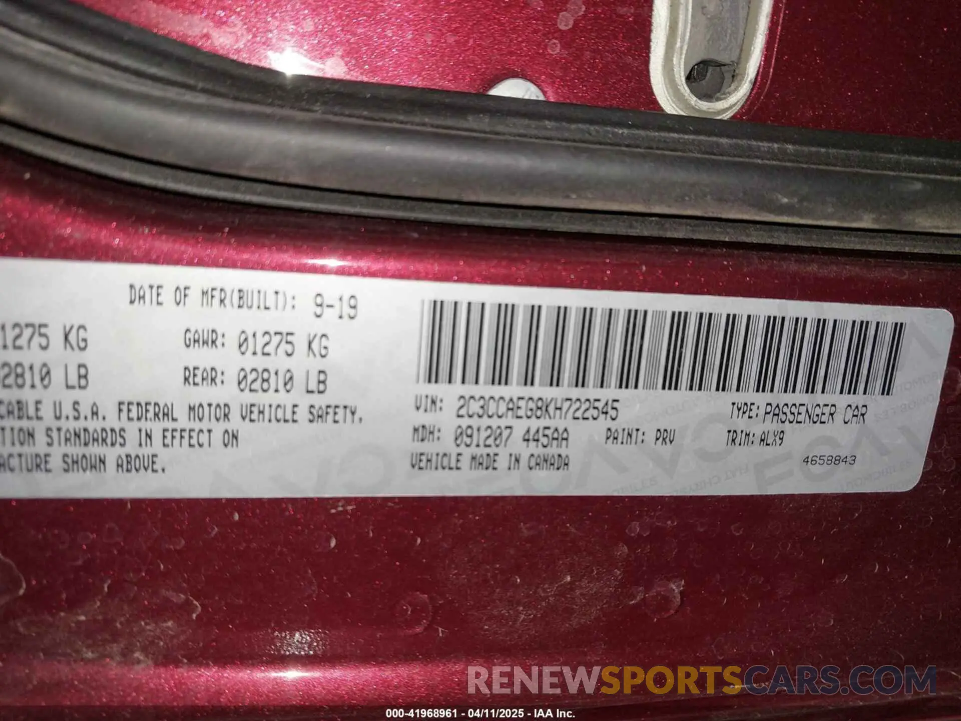9 Photograph of a damaged car 2C3CCAEG8KH722545 CHRYSLER 300 2019