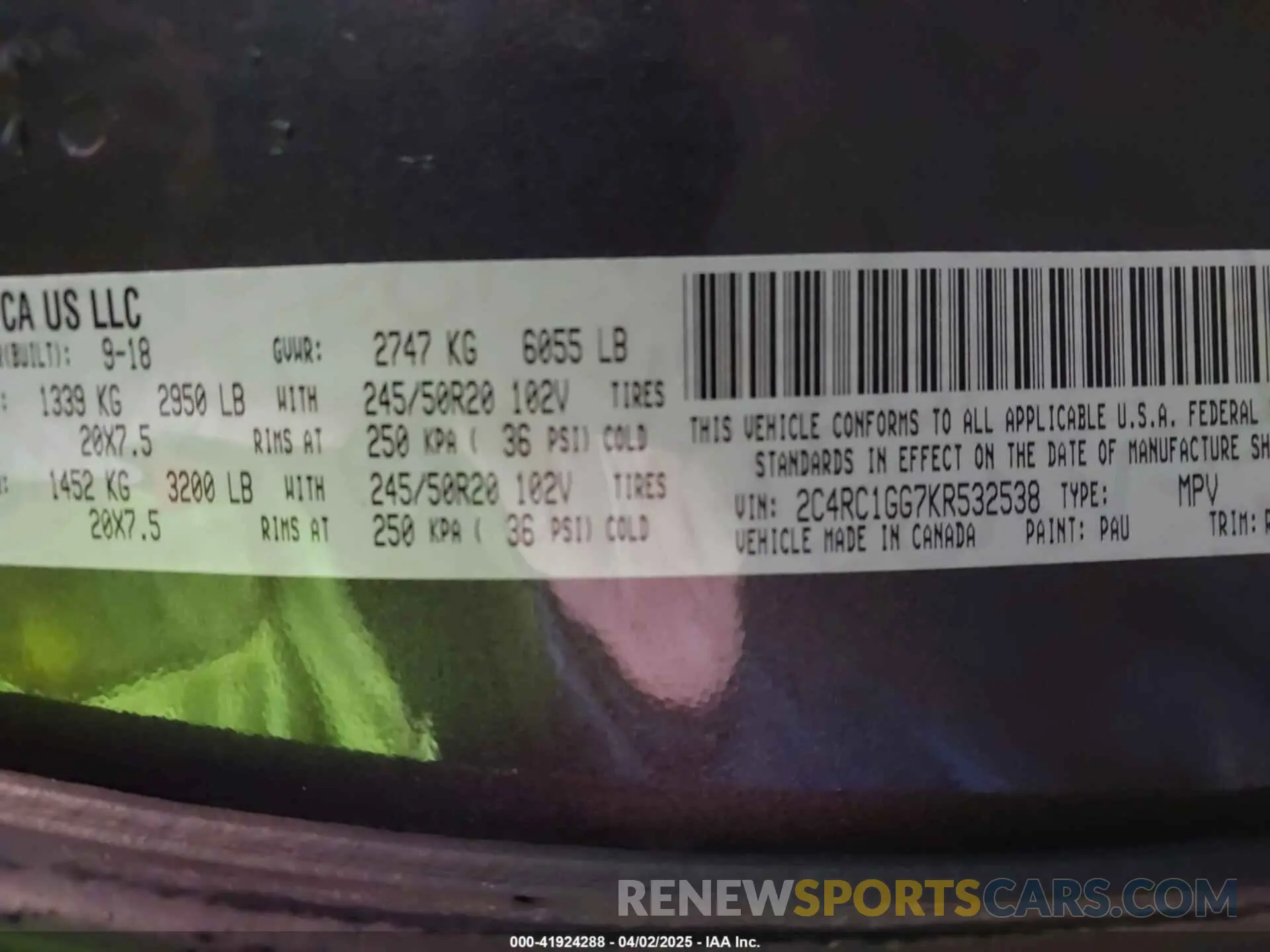 9 Photograph of a damaged car 2C4RC1GG7KR532538 CHRYSLER PACIFICA 2019