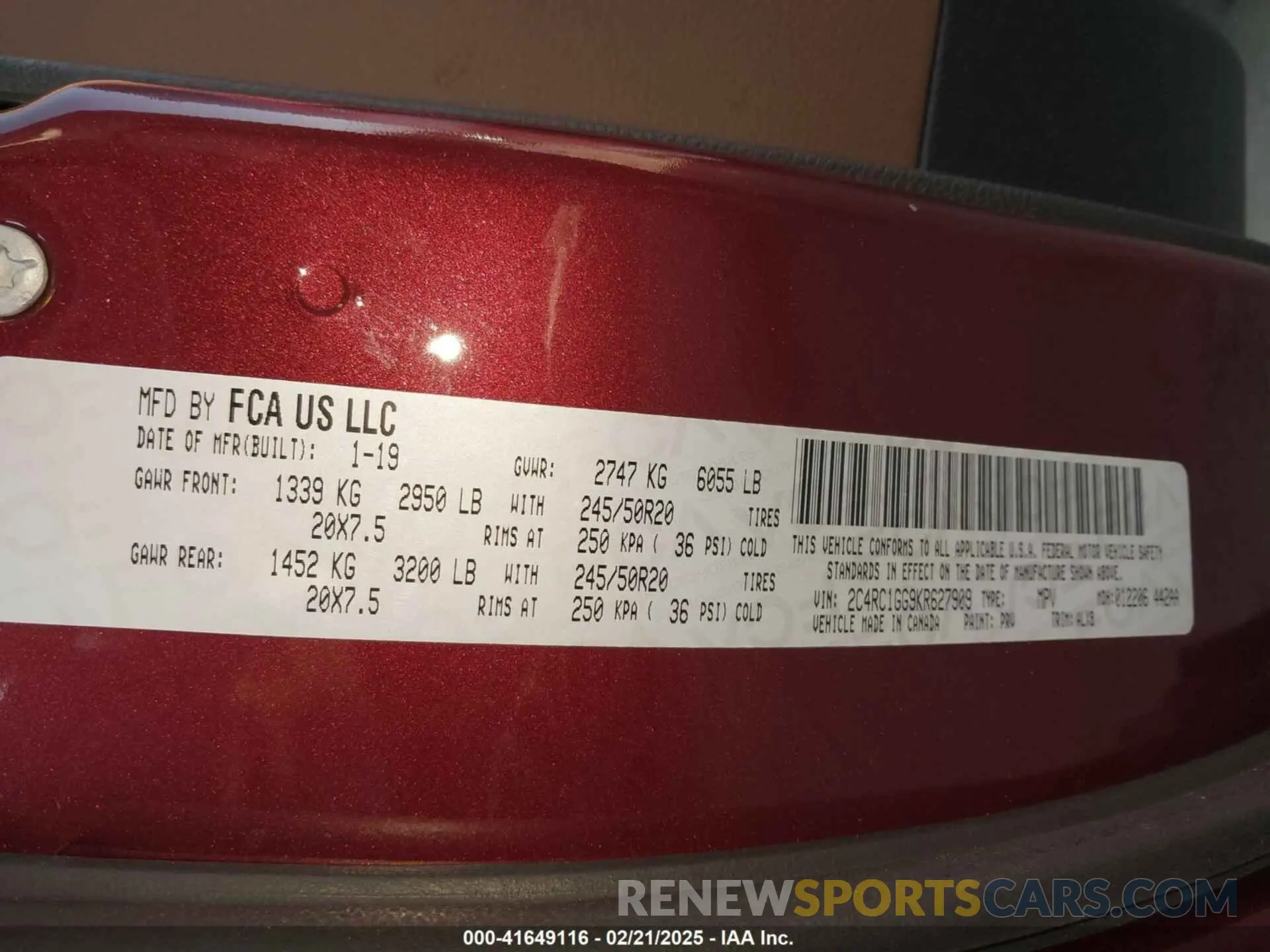 9 Photograph of a damaged car 2C4RC1GG9KR627909 CHRYSLER PACIFICA 2019