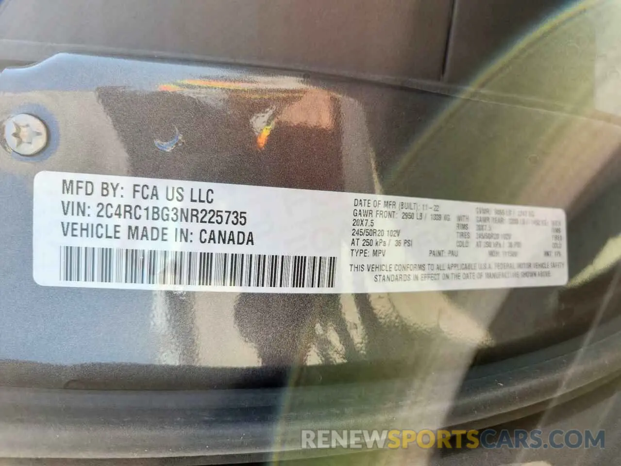 13 Photograph of a damaged car 2C4RC1BG3NR225735 CHRYSLER PACIFICA 2022