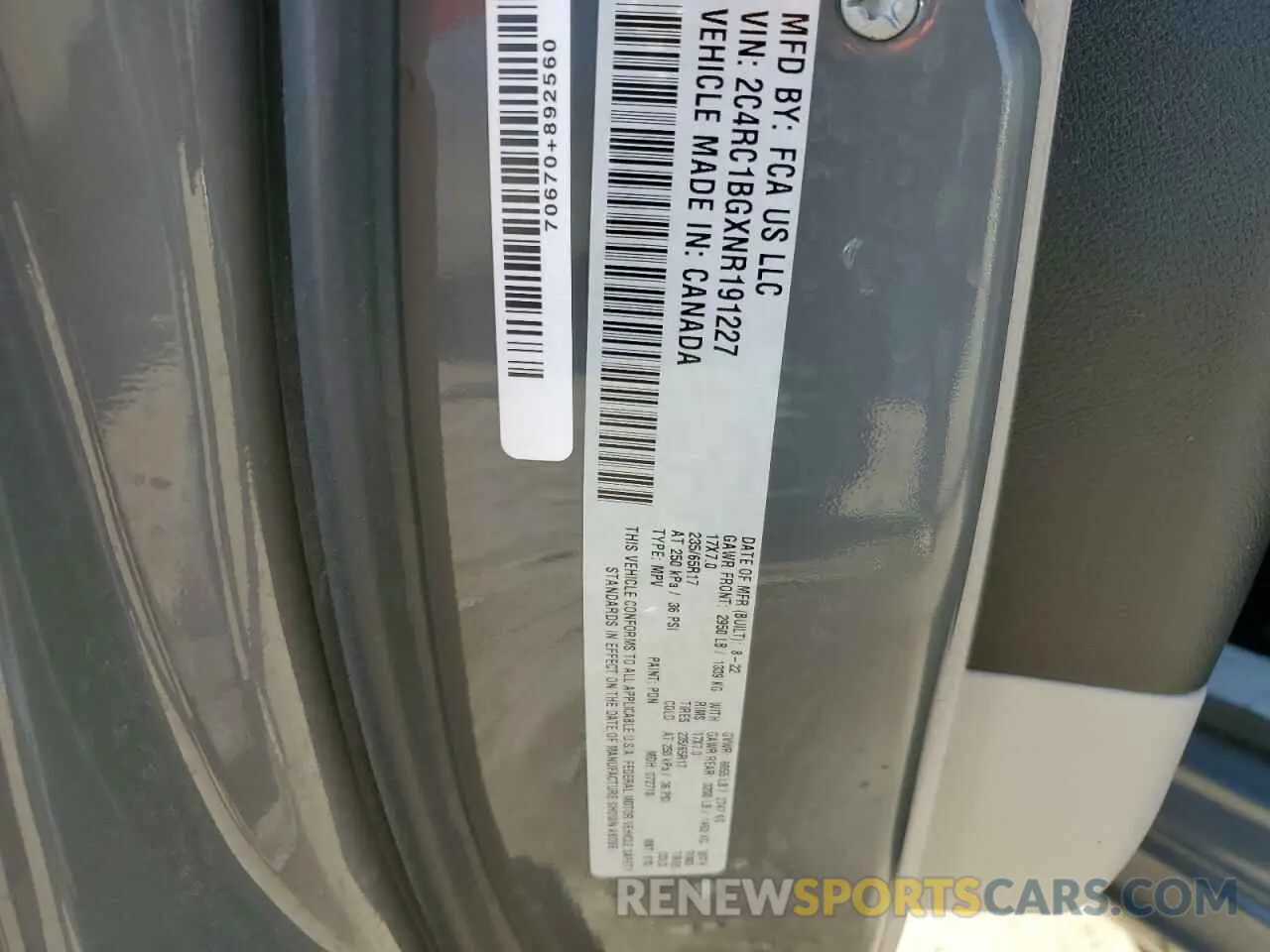 13 Photograph of a damaged car 2C4RC1BGXNR191227 CHRYSLER PACIFICA 2022