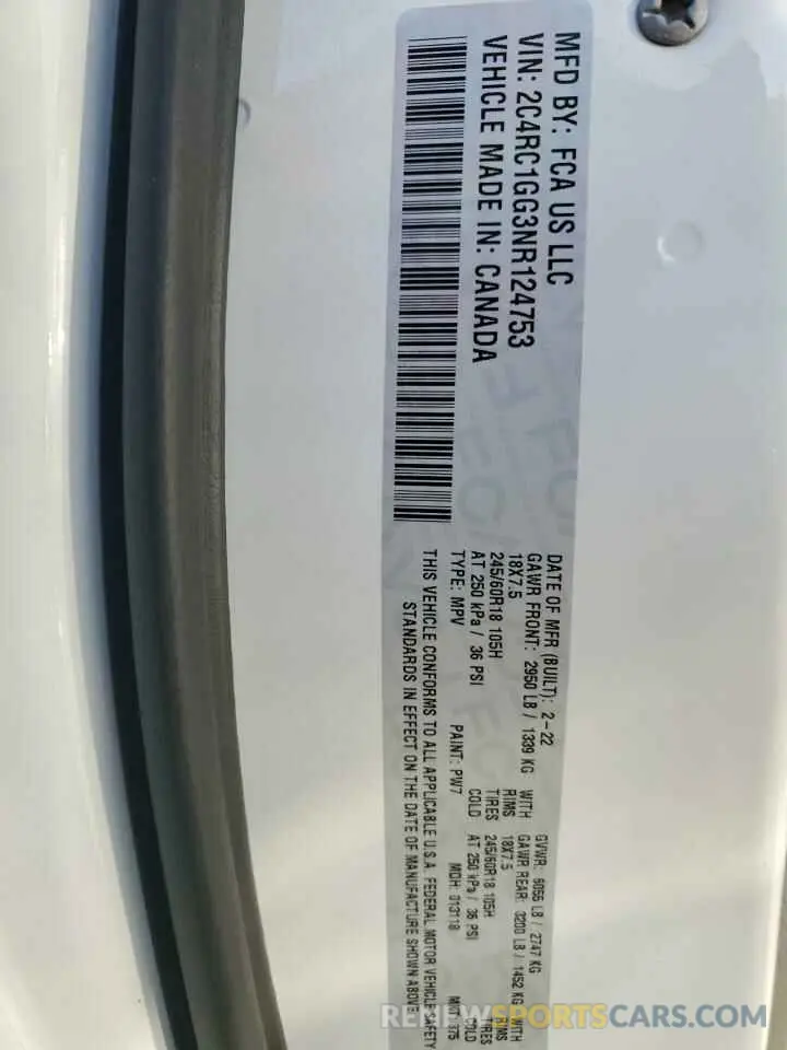 13 Photograph of a damaged car 2C4RC1GG3NR124753 CHRYSLER PACIFICA 2022