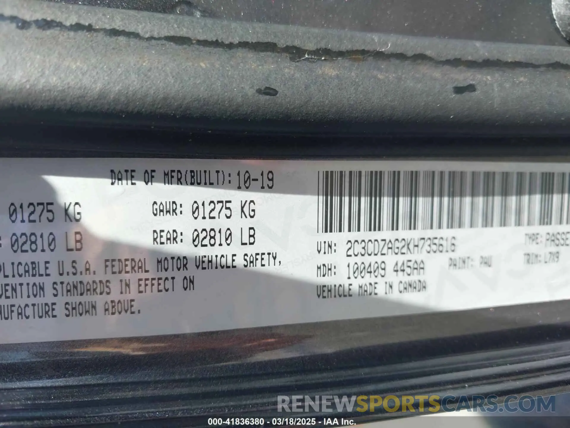 9 Photograph of a damaged car 2C3CDZAG2KH735616 DODGE CHALLENGER 2019