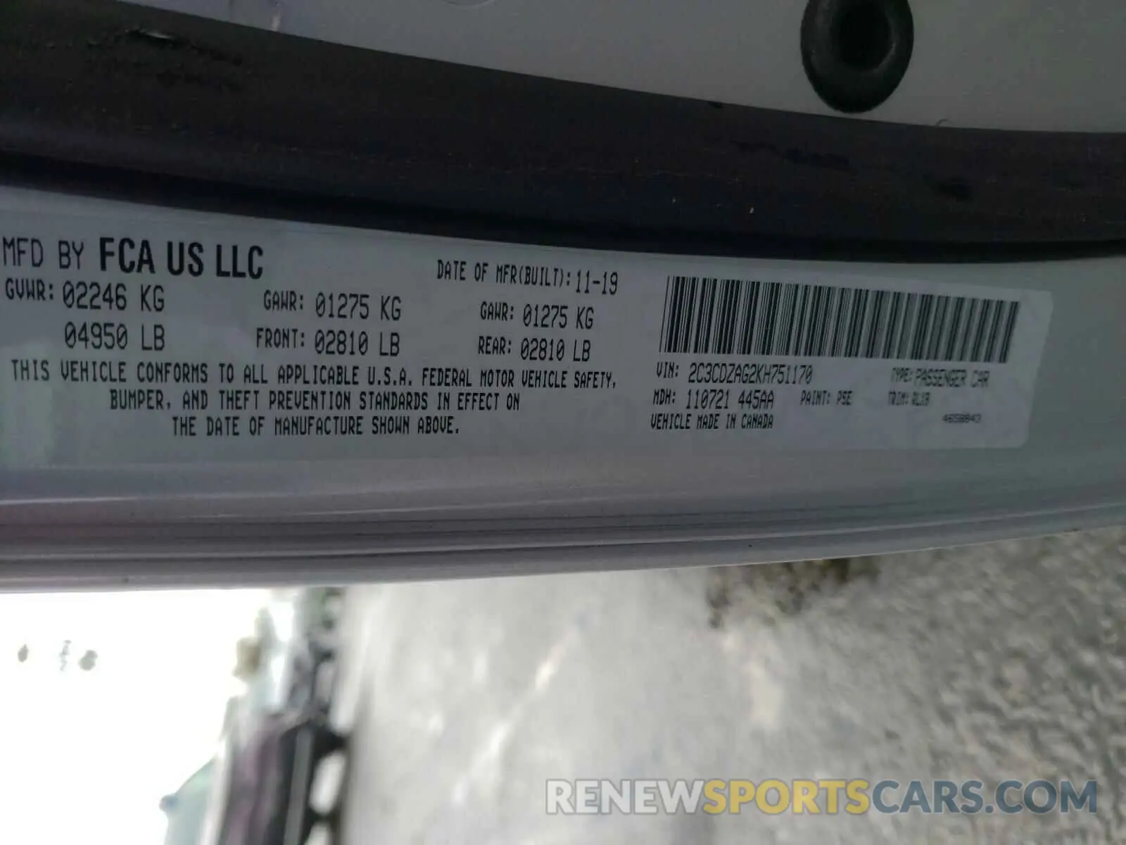 10 Photograph of a damaged car 2C3CDZAG2KH751170 DODGE CHALLENGER 2019