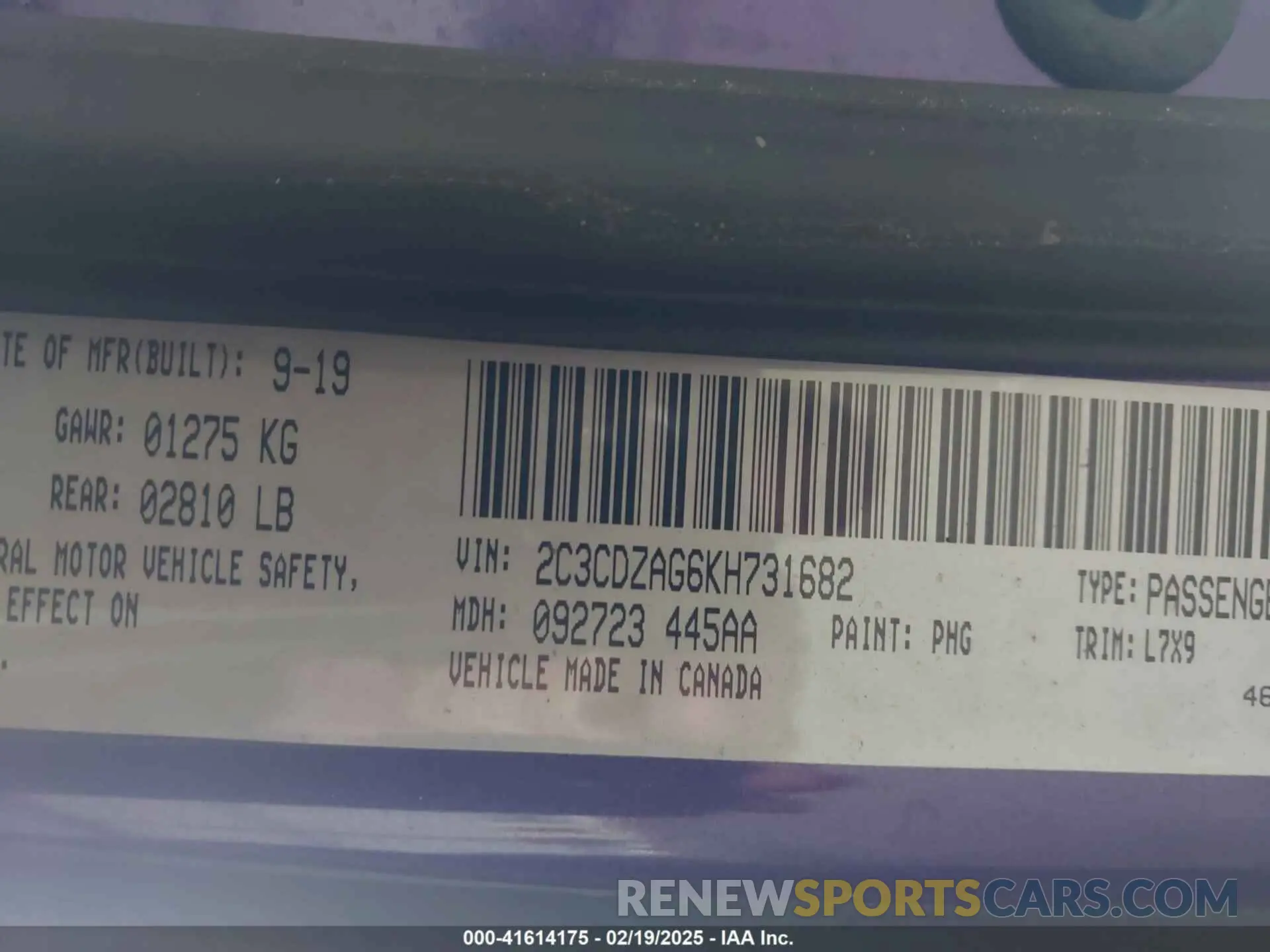 9 Photograph of a damaged car 2C3CDZAG6KH731682 DODGE CHALLENGER 2019
