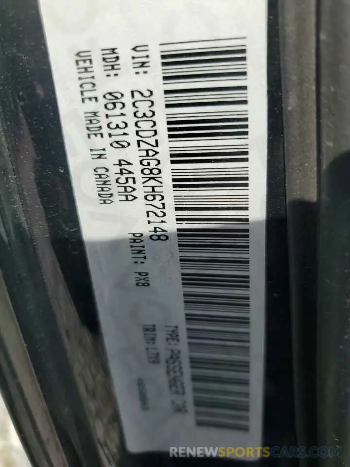 12 Photograph of a damaged car 2C3CDZAG8KH672148 DODGE CHALLENGER 2019
