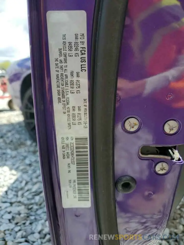 12 Photograph of a damaged car 2C3CDZAG8KH731537 DODGE CHALLENGER 2019