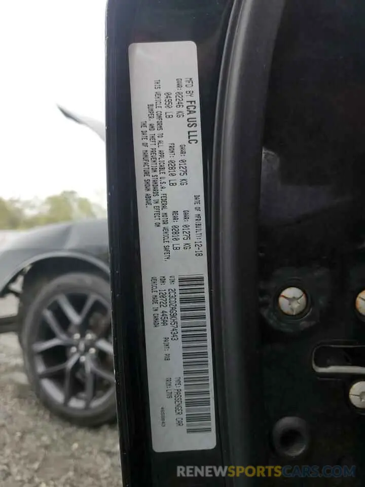 12 Photograph of a damaged car 2C3CDZAG9KH574343 DODGE CHALLENGER 2019
