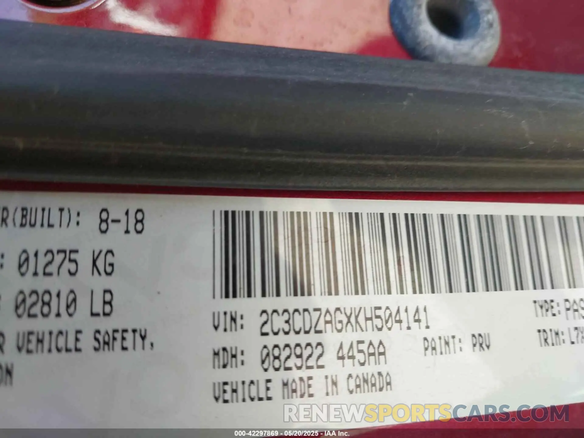 9 Photograph of a damaged car 2C3CDZAGXKH504141 DODGE CHALLENGER 2019