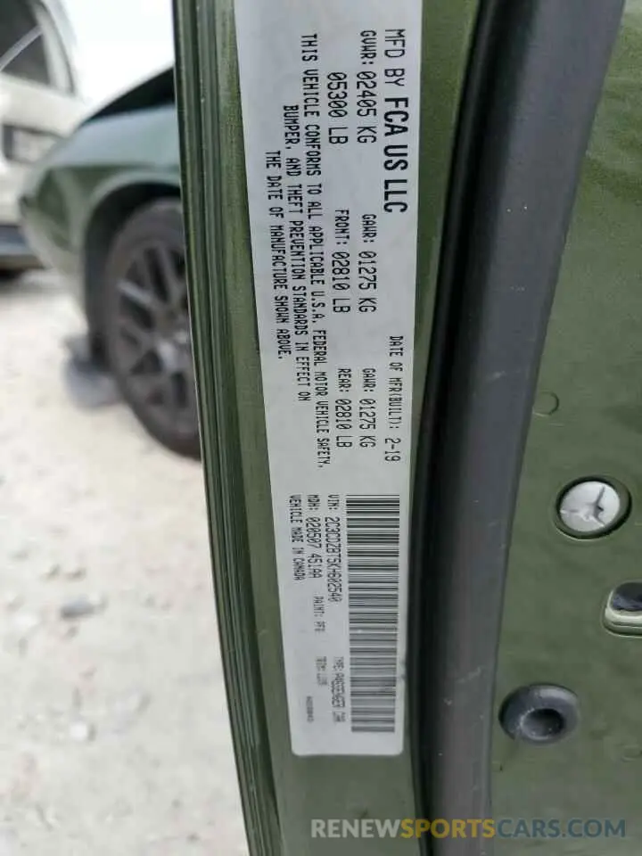 12 Photograph of a damaged car 2C3CDZBT5KH602540 DODGE CHALLENGER 2019