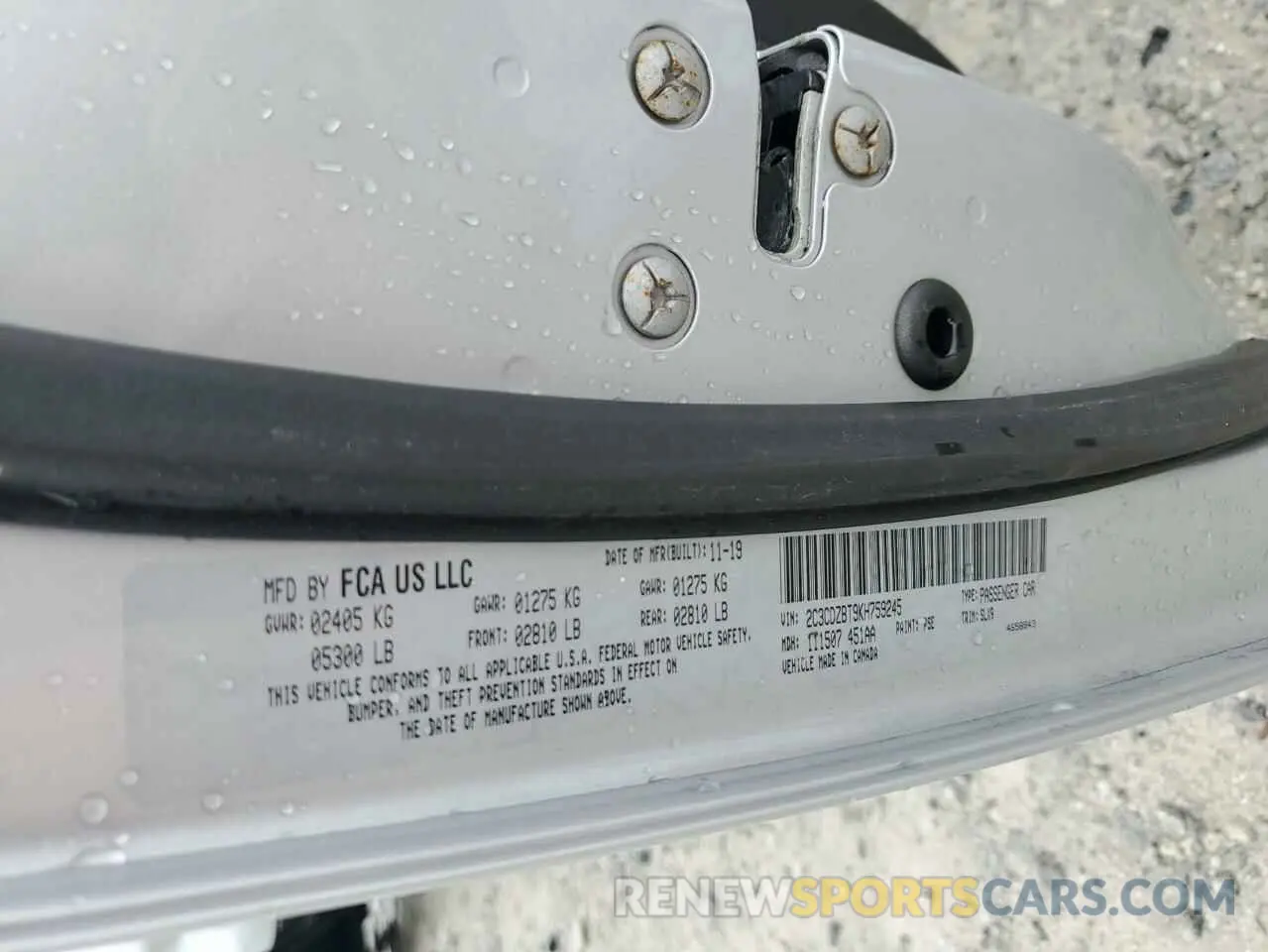 12 Photograph of a damaged car 2C3CDZBT9KH759245 DODGE CHALLENGER 2019
