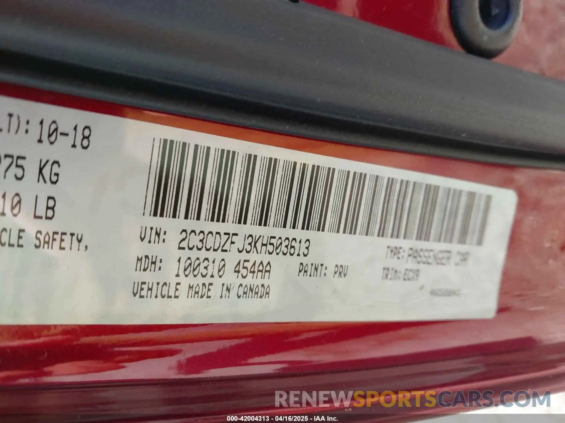 9 Photograph of a damaged car 2C3CDZFJ3KH503613 DODGE CHALLENGER 2019