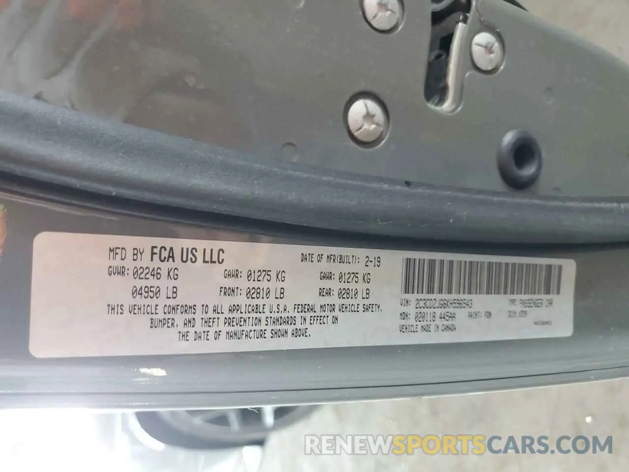 12 Photograph of a damaged car 2C3CDZJG6KH596543 DODGE CHALLENGER 2019