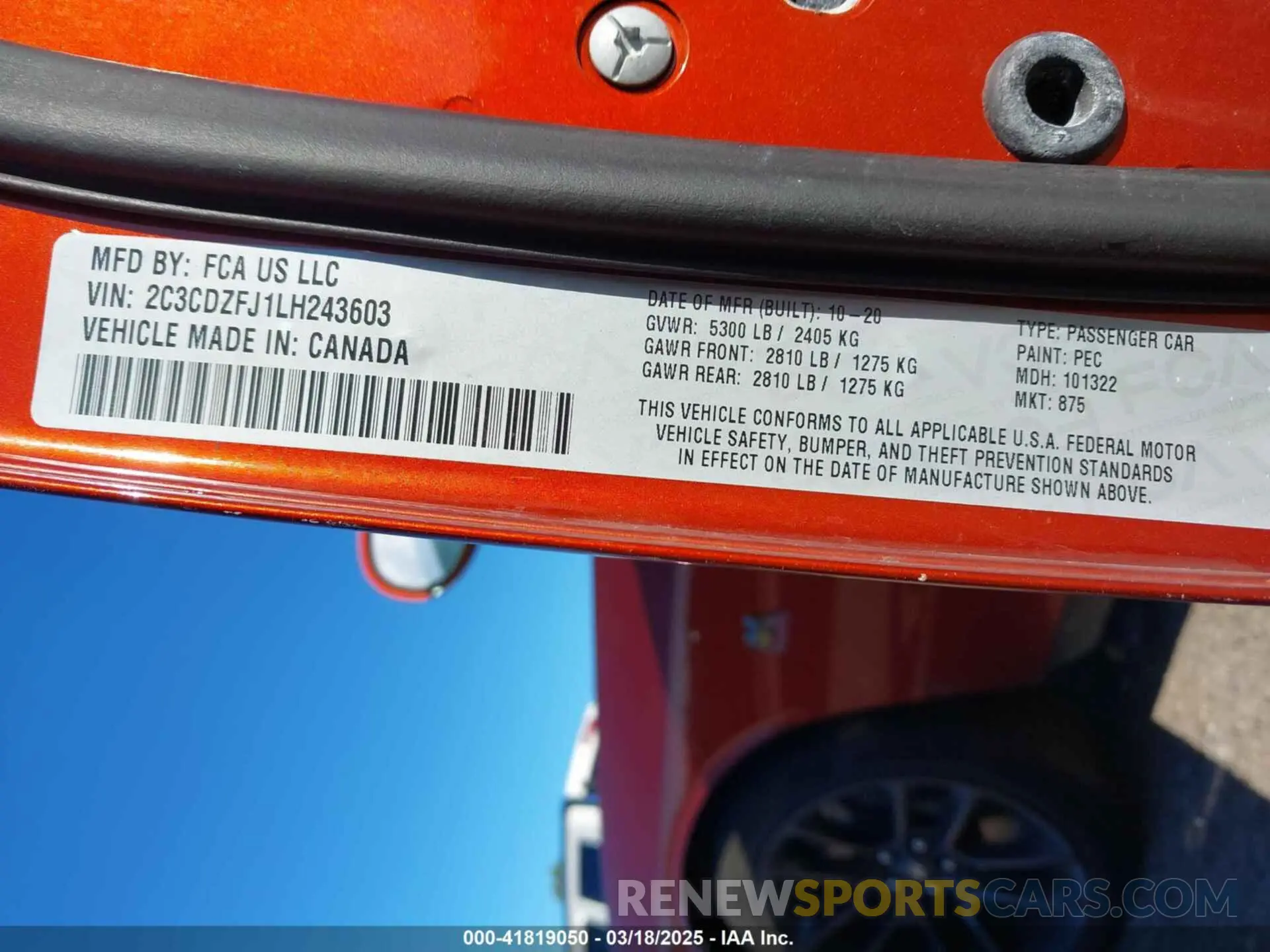 9 Photograph of a damaged car 2C3CDZFJ1LH243603 DODGE CHALLENGER 2020