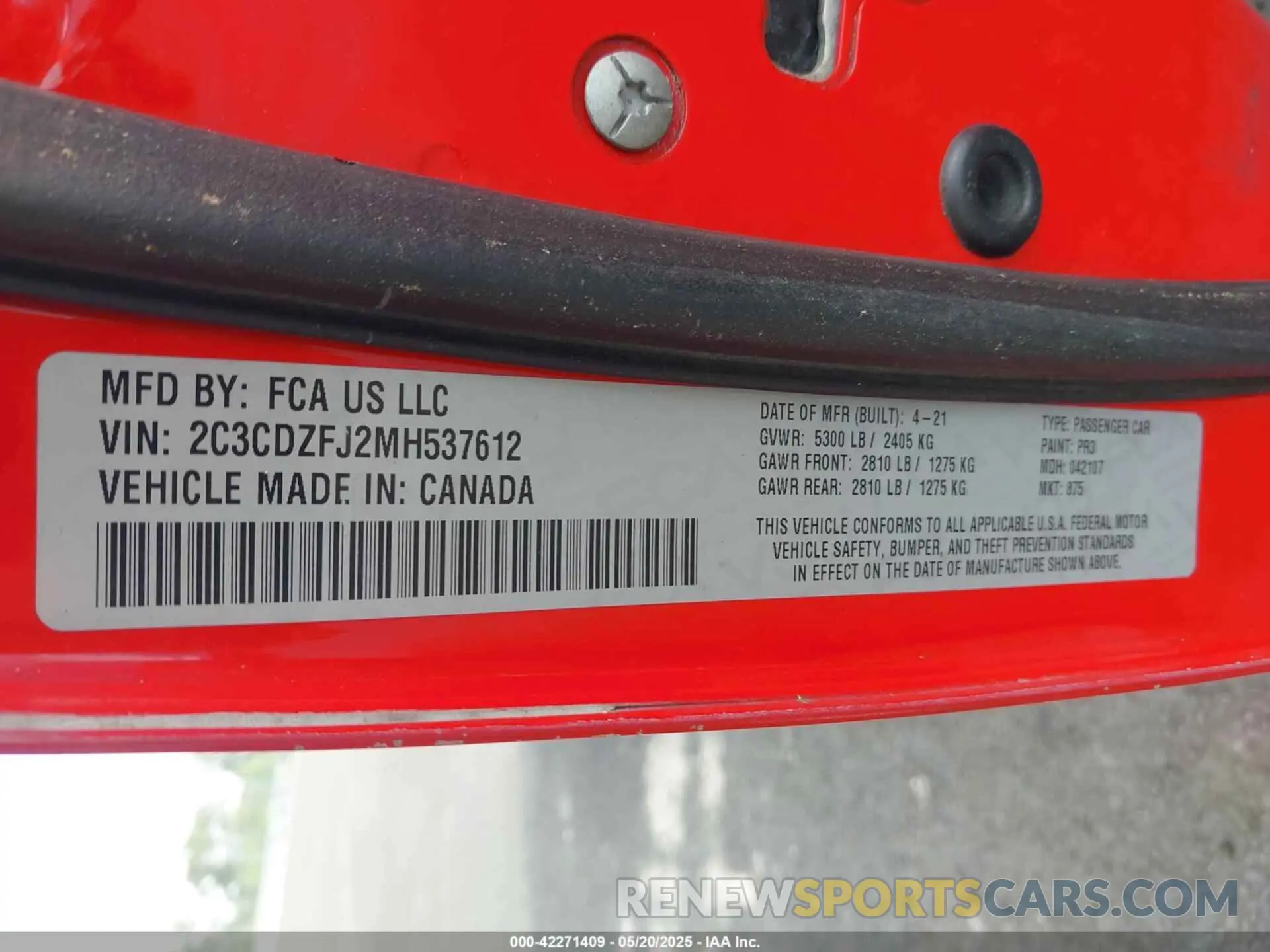 9 Photograph of a damaged car 2C3CDZFJ2MH537612 DODGE CHALLENGER 2021