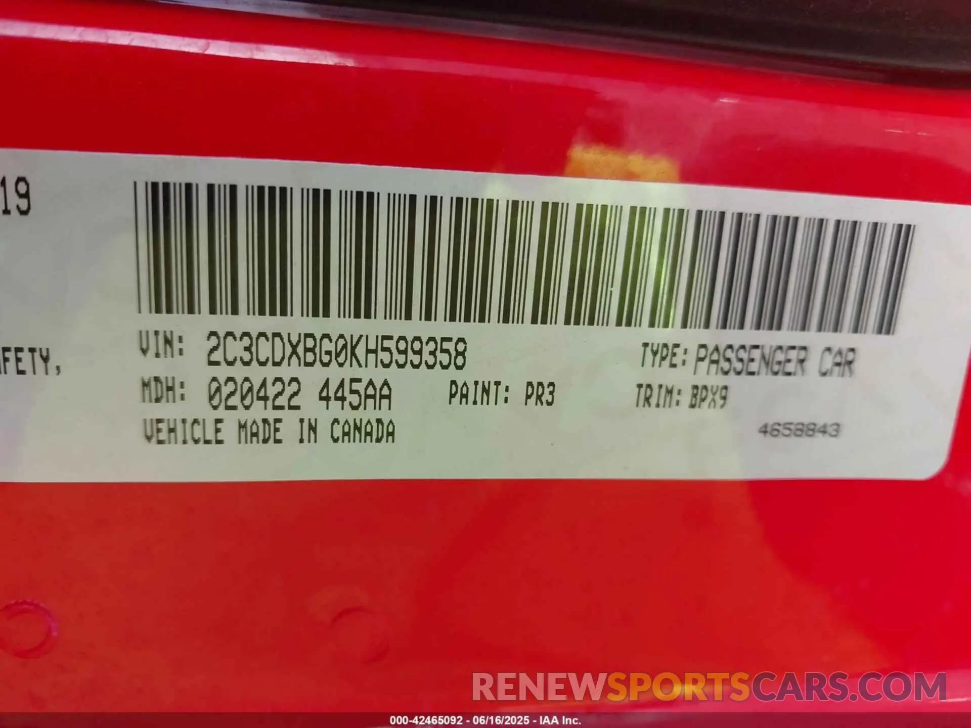 9 Photograph of a damaged car 2C3CDXBG0KH599358 DODGE CHARGER 2019