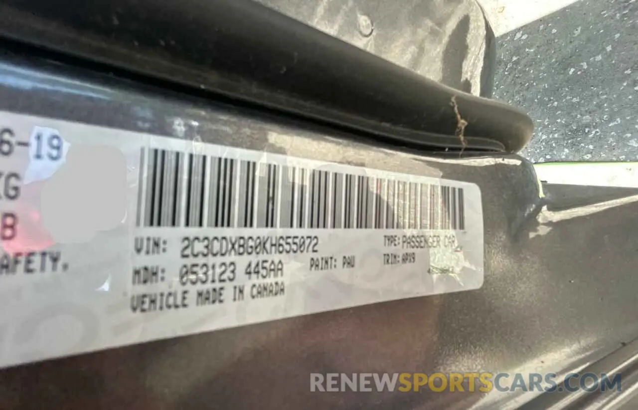 10 Photograph of a damaged car 2C3CDXBG0KH655072 DODGE CHARGER 2019