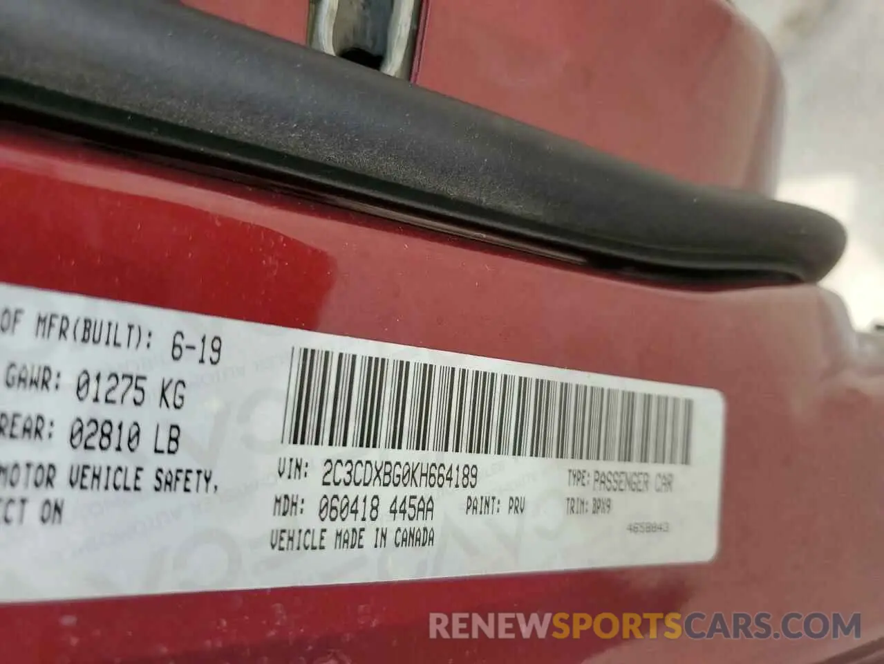 12 Photograph of a damaged car 2C3CDXBG0KH664189 DODGE CHARGER 2019