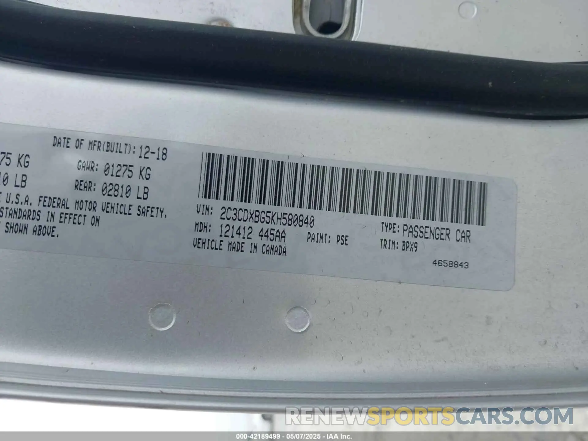 9 Photograph of a damaged car 2C3CDXBG5KH580840 DODGE CHARGER 2019