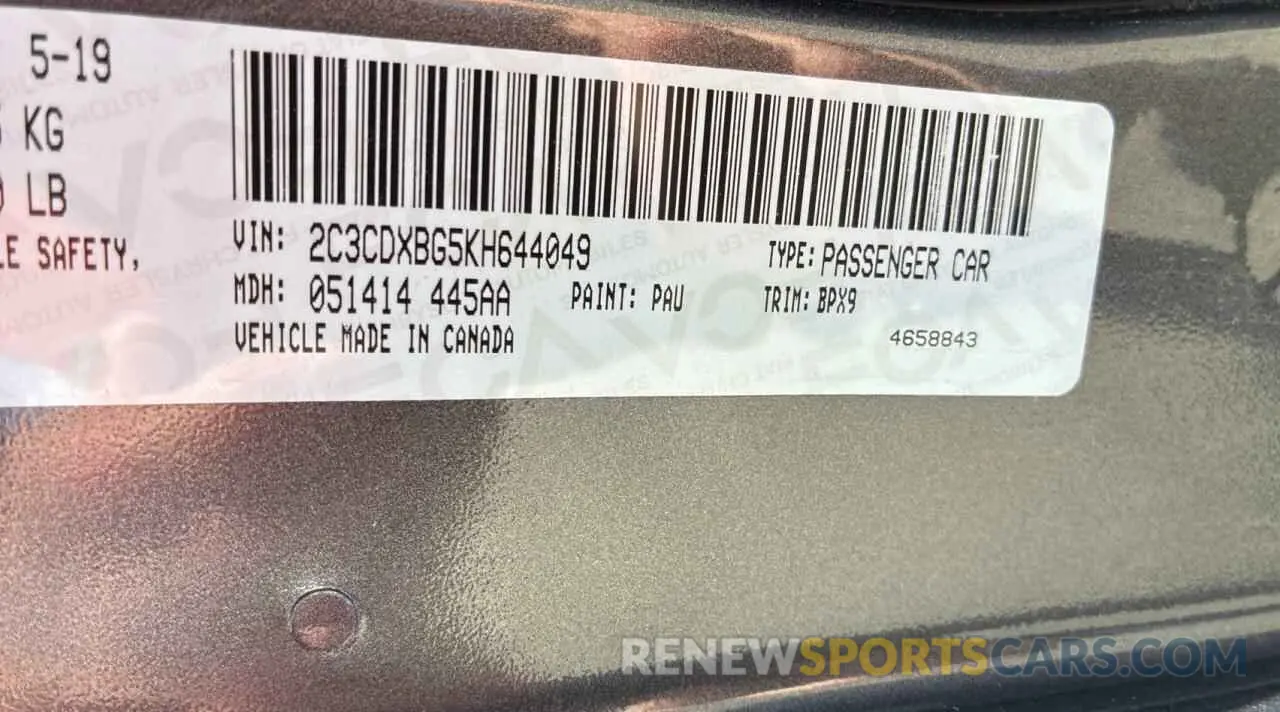 10 Photograph of a damaged car 2C3CDXBG5KH644049 DODGE CHARGER 2019
