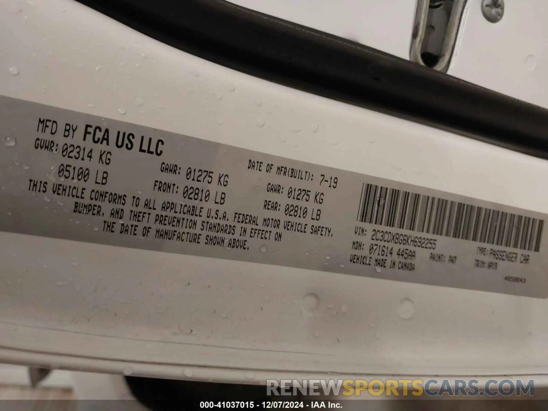 9 Photograph of a damaged car 2C3CDXBG6KH692255 DODGE CHARGER 2019