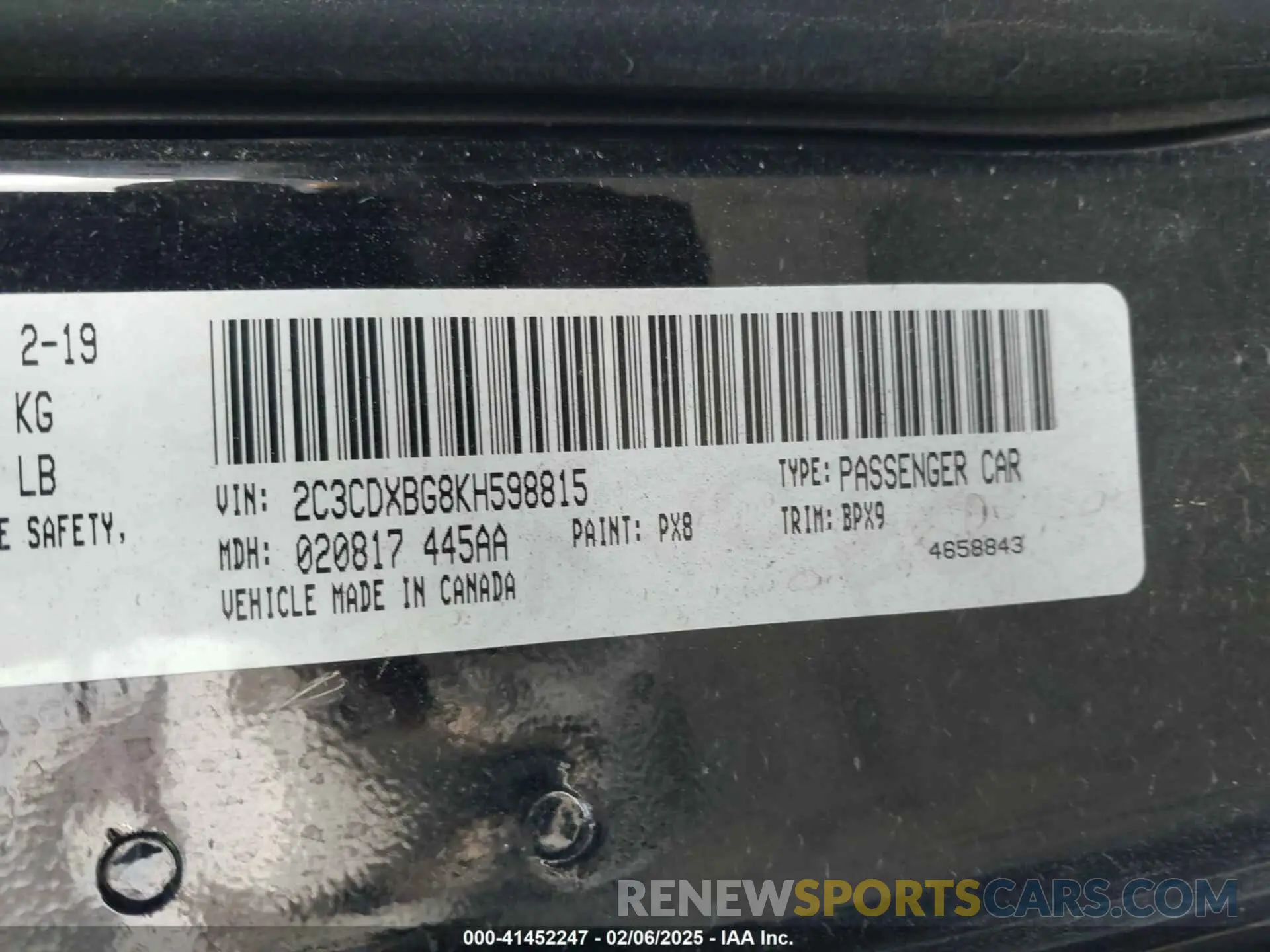 9 Photograph of a damaged car 2C3CDXBG8KH598815 DODGE CHARGER 2019