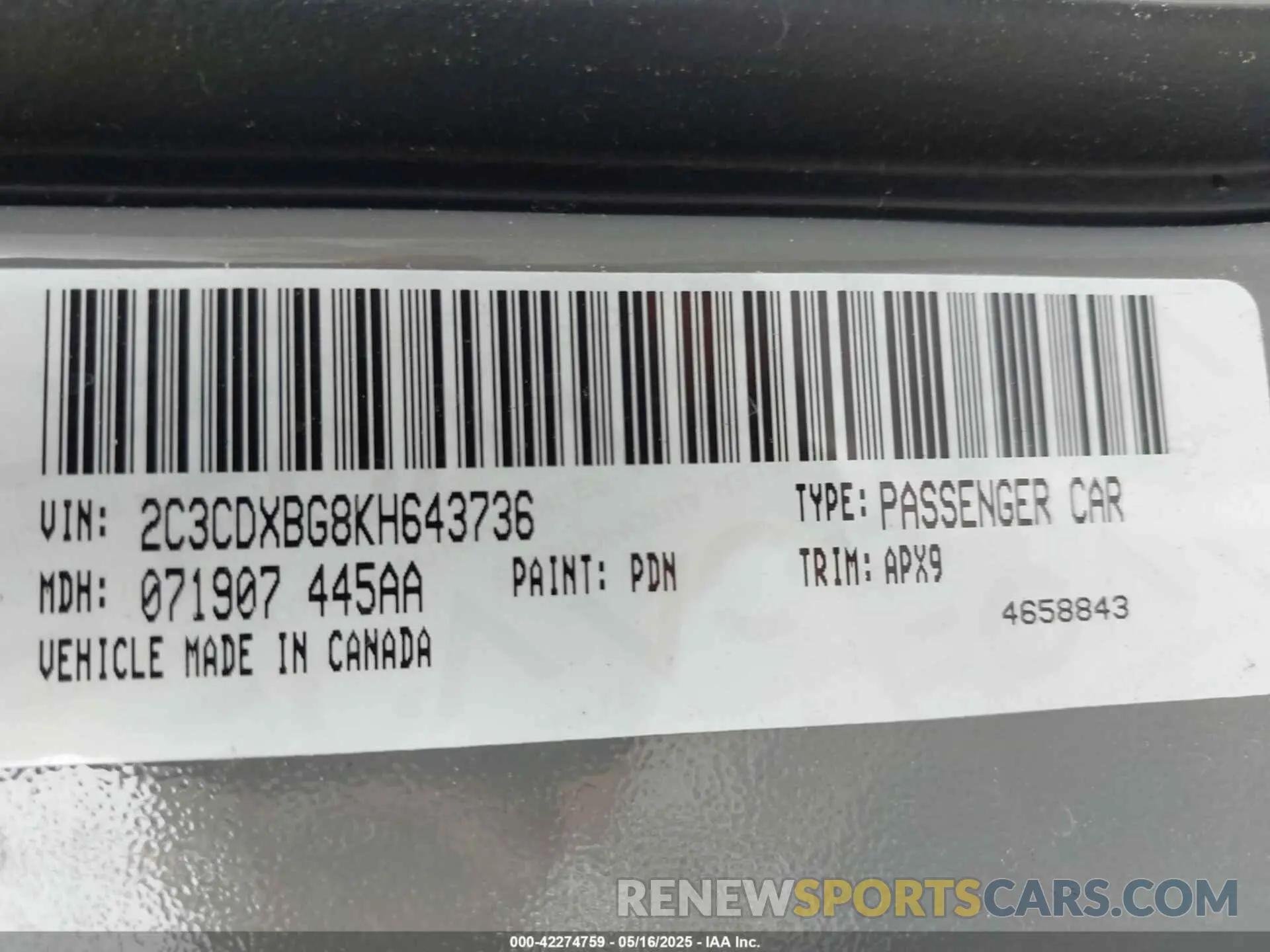 9 Photograph of a damaged car 2C3CDXBG8KH643736 DODGE CHARGER 2019