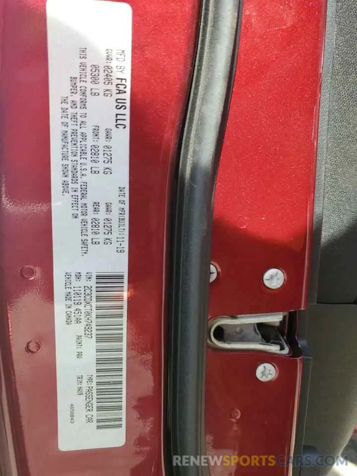 12 Photograph of a damaged car 2C3CDXCT0KH749237 DODGE CHARGER 2019