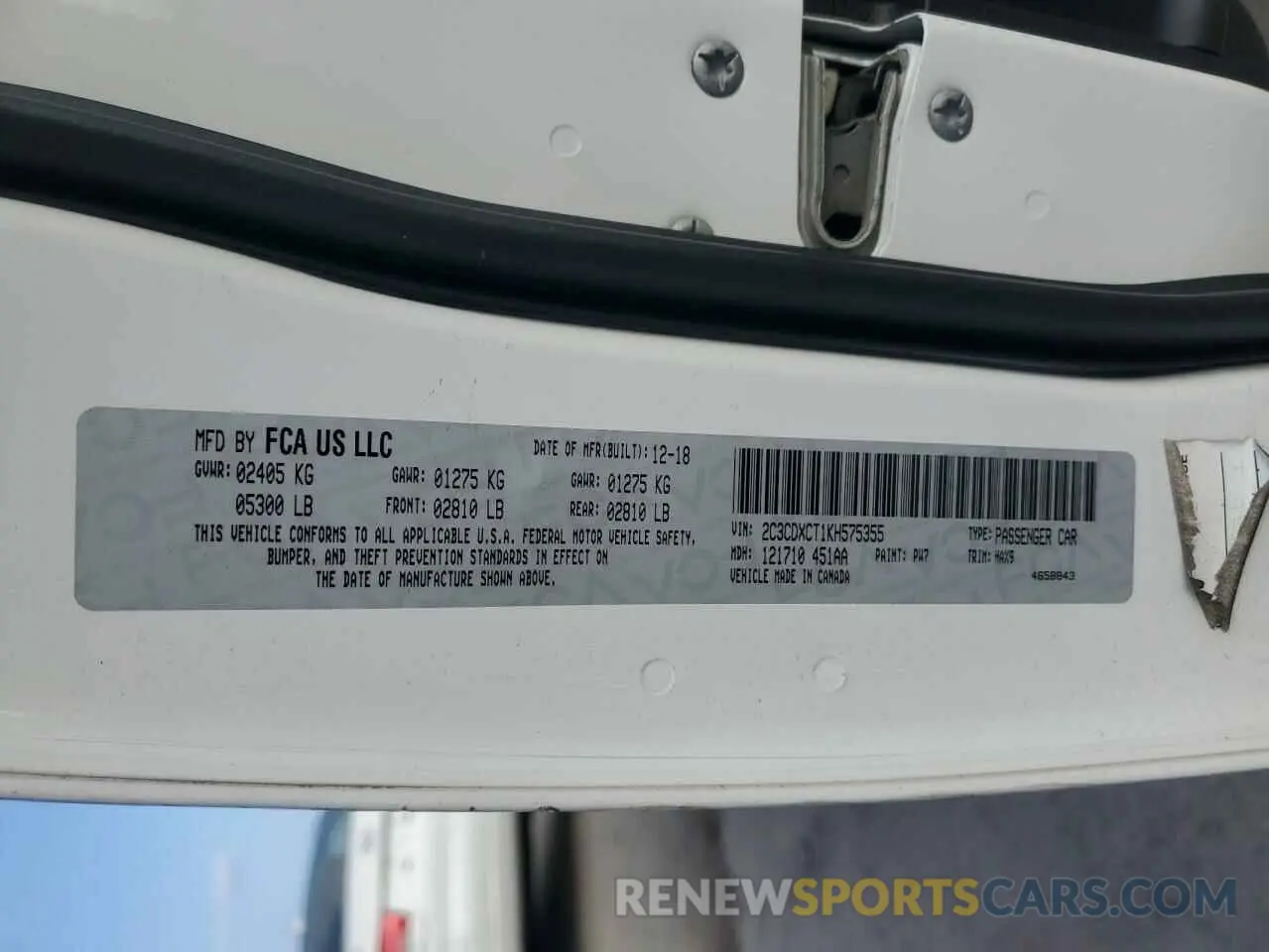 12 Photograph of a damaged car 2C3CDXCT1KH575355 DODGE CHARGER 2019