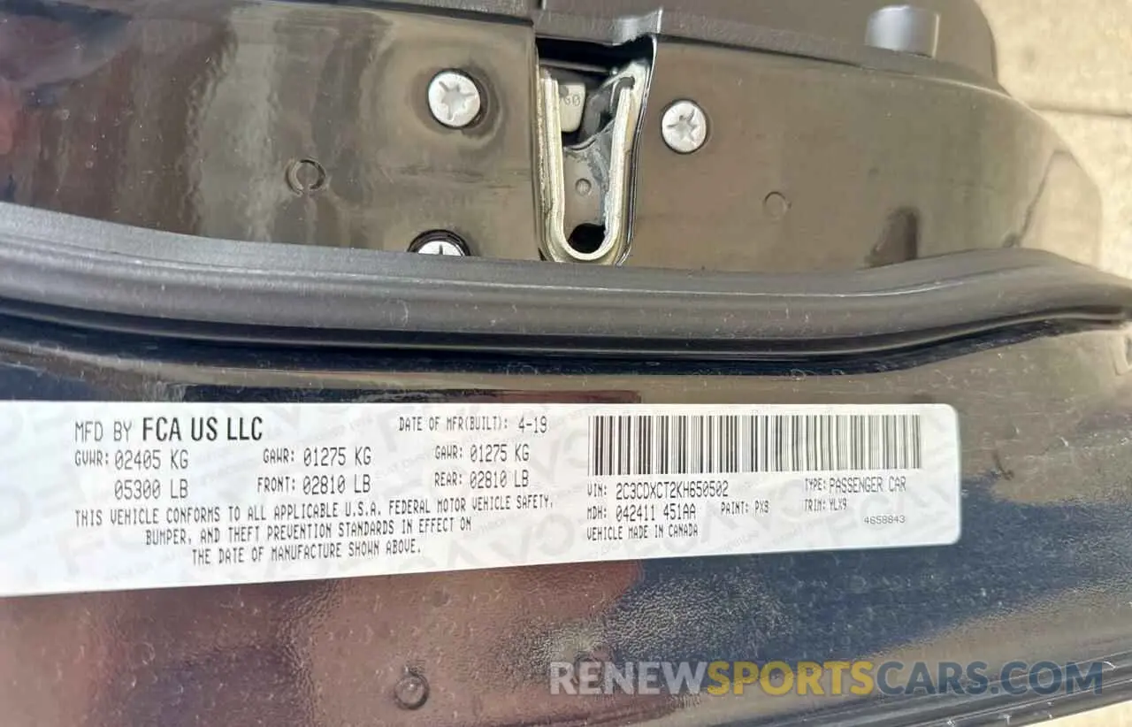 10 Photograph of a damaged car 2C3CDXCT2KH650502 DODGE CHARGER 2019